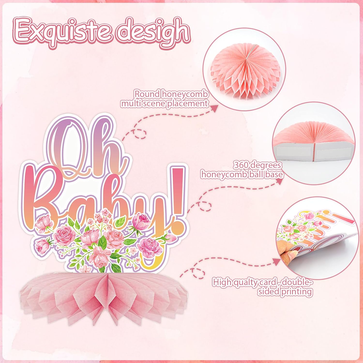 12 centros de mesa de nido de abeja para baby shower, decoración de fiesta para niñas, diseño floral de oro rosa rosa con texto en inglés “It’s a