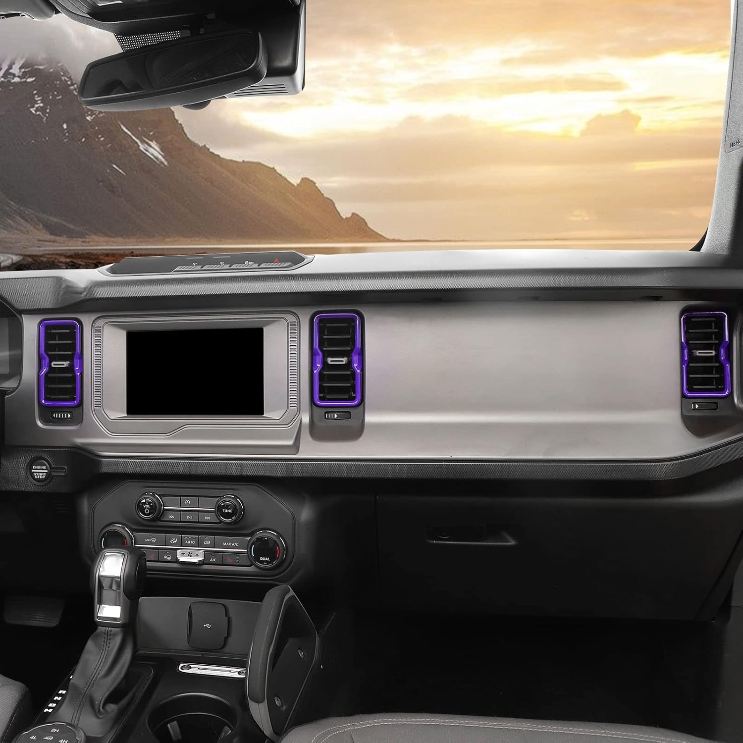 Cubierta de anillo lateral de ventilación de aire para consola central compatible con Ford Bronco 2021 2022 2023 (morado)