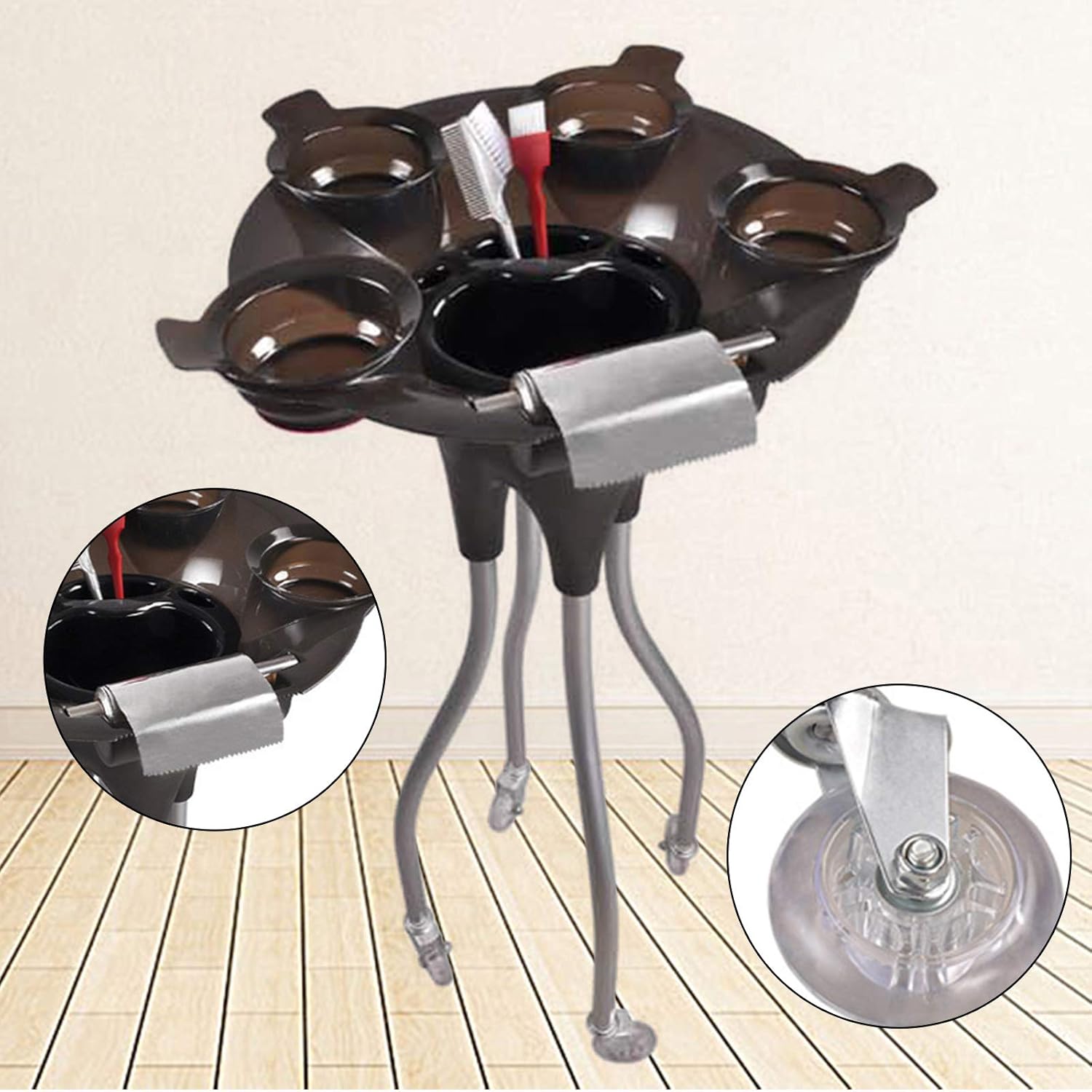 Bandeja de carrito de salón rodante, bandeja de salón portátil negra, carrito utilitario para mezclar colores de cabello, cepillos, clips y secador