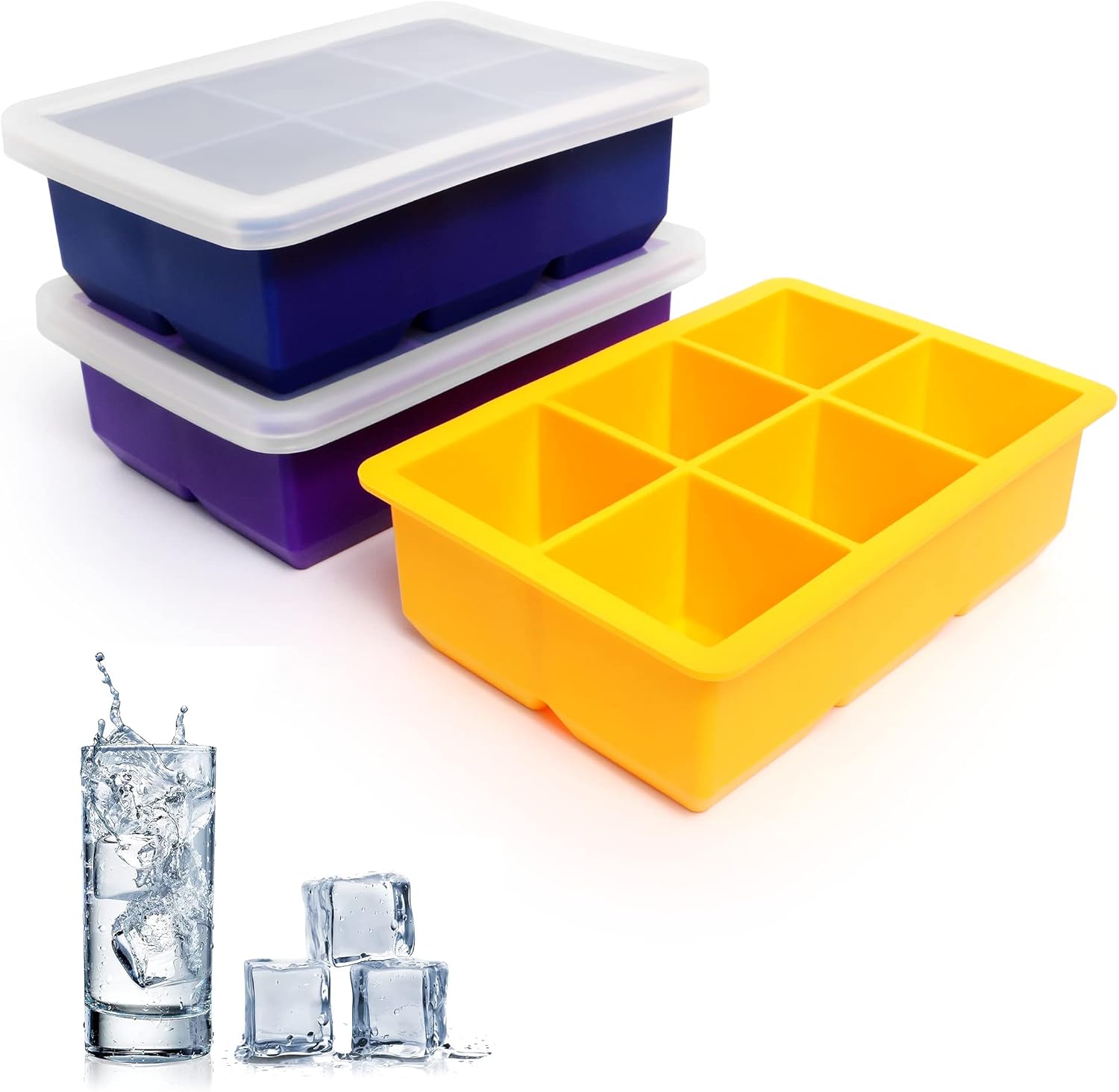 Paquete de 3 bandejas para cubitos de hielo, moldes de silicona de gran tamaño con tapas extraíbles, reutilizables y sin BPA para whisky, cóctel,