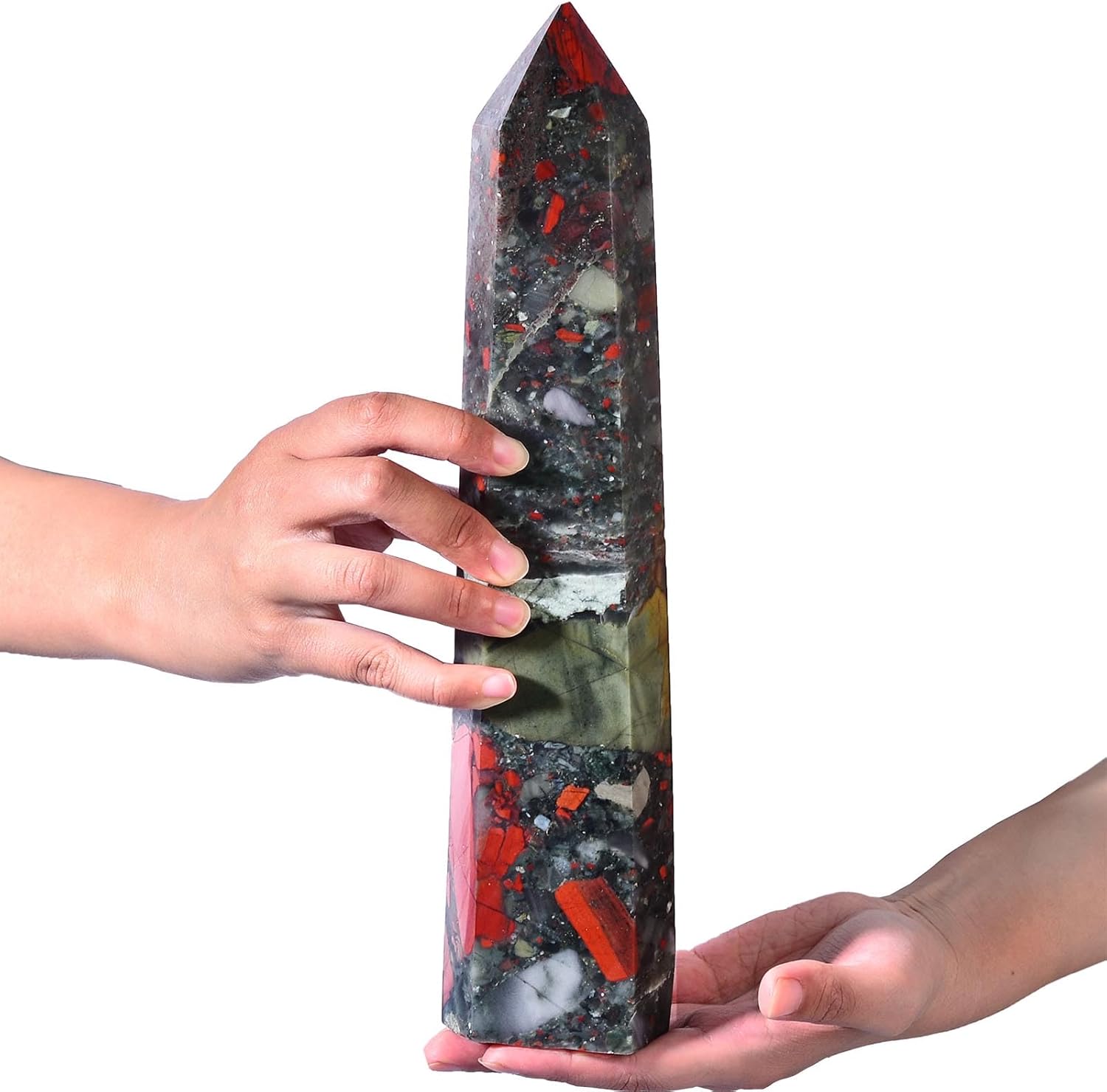 AMOYSTONE Torre de varita curativa de cristal curativo de obelisco africano extra grande, 6 columnas facetadas Reiki Chakra Meditación Terapia Rojo