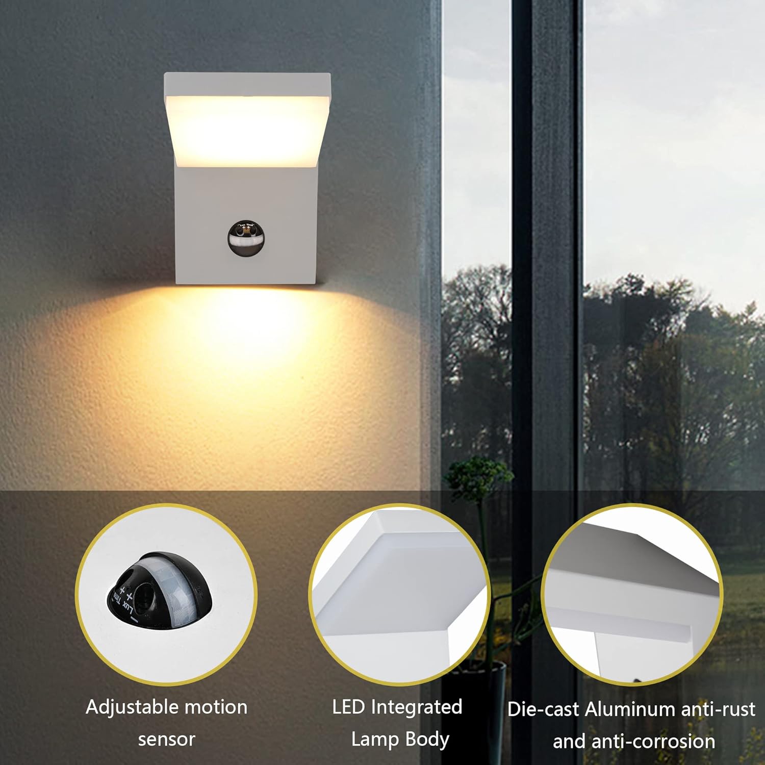 Inowel Paquete de 2 apliques de pared con sensor de movimiento para exteriores, luz LED blanca, moderna, para porche, IP54, impermeable, para