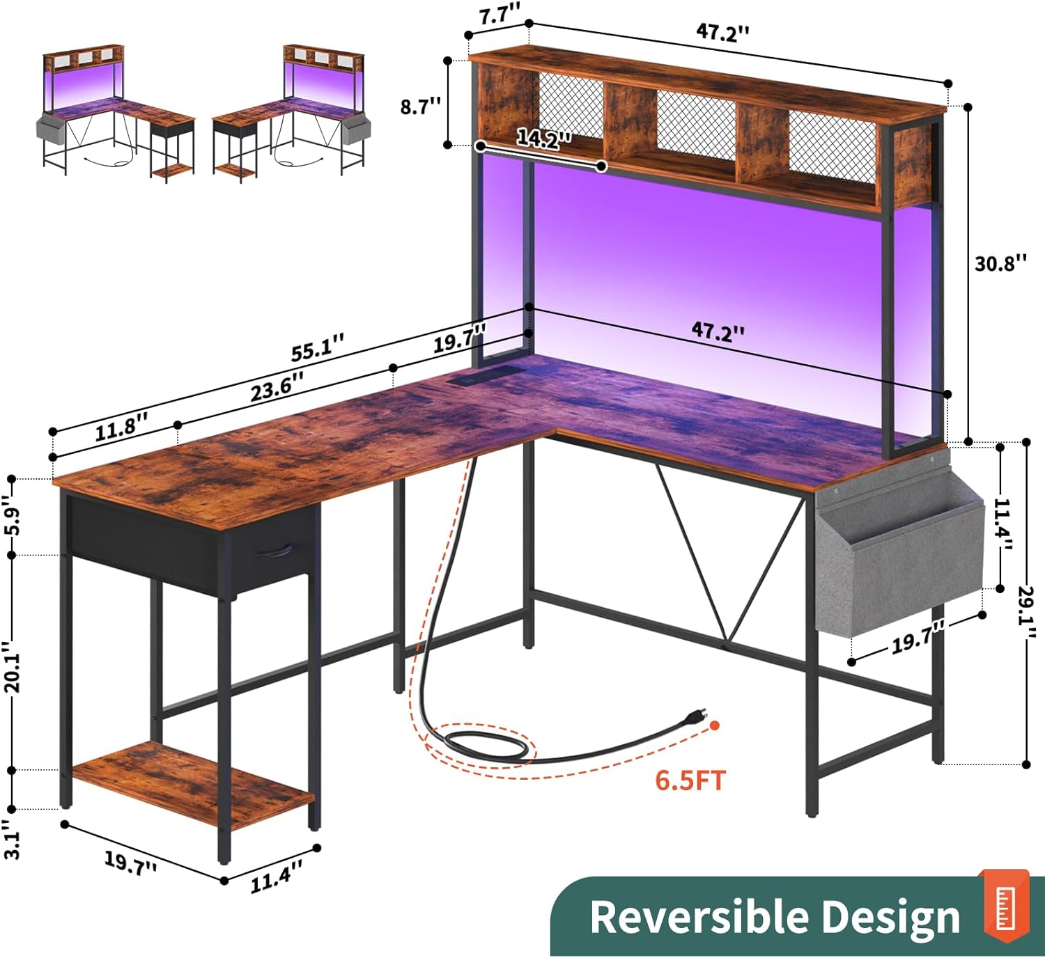 Yoobure Escritorio en forma de L con tira LED y toma de corriente, escritorio reversible en forma de L, escritorio esquinero, escritorio de oficina