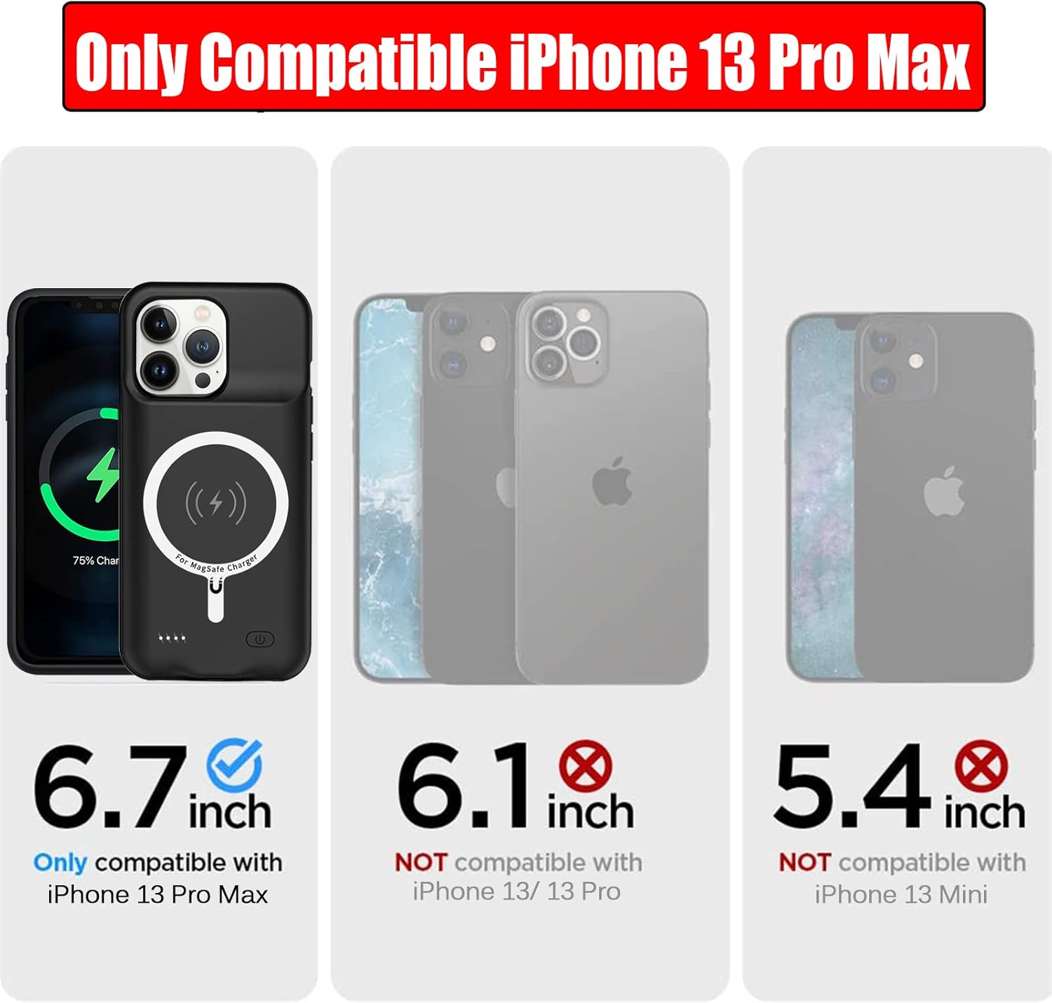 Funda de batería para iPhone 13 Pro Max, Full Encircle 10800mAh de alta capacidad, recargable, portátil, cargador de batería extendida, compatible