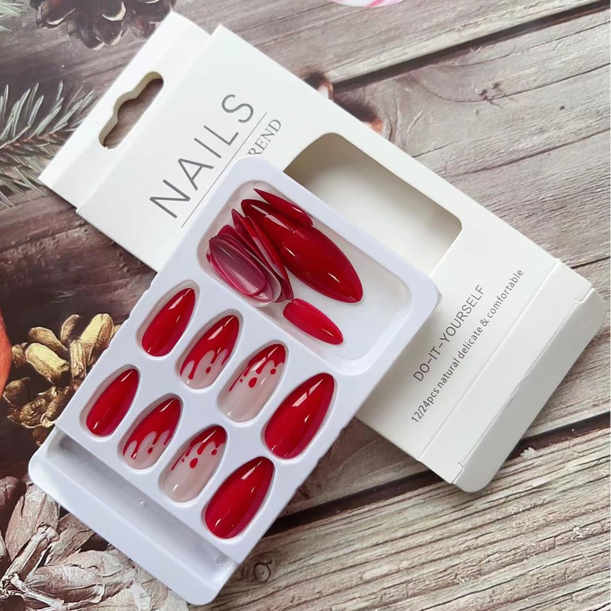 LPOONNDU – Uñas a presión de Halloween con forma de almendra, uñas postizas medianas de Halloween, color rojo brillante para mujeres, juego de 24