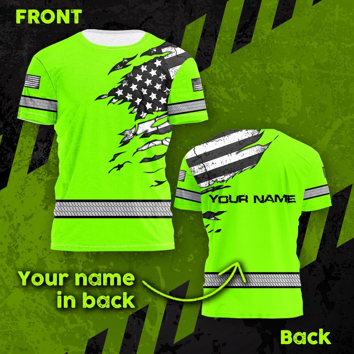 HiVis Custom Camisa de alta visibilidad de calavera con bandera de Estados Unidos para hombres, camisas de seguridad con nombre personalizado, ropa