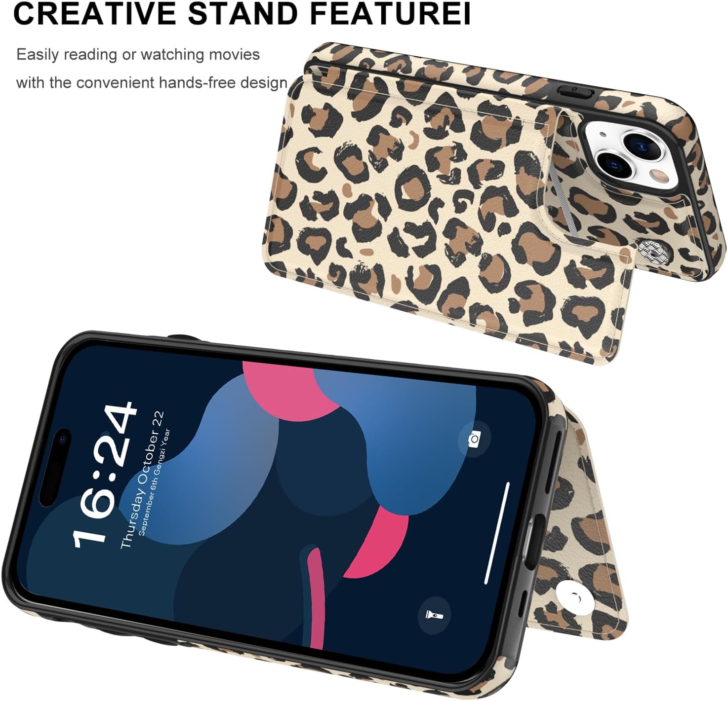 LETO Funda para iPhone 15 con tapa tipo cartera de cuero tipo folio, diseños de flores de moda, ranuras para tarjetas, función atril, funda