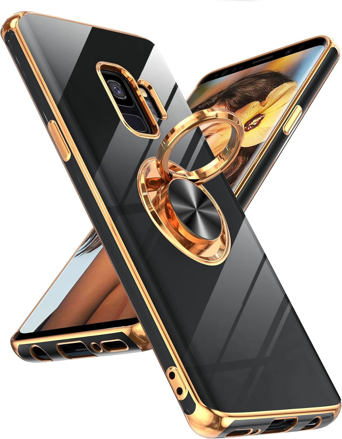 LeYi Funda para teléfono Samsung Galaxy S9 con soporte de anillo giratorio de 360, soporte magnético, chapado en oro rosa con borde protector para