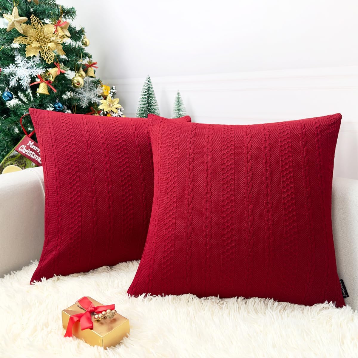Booque Valley Fundas de almohada rojas navideñas, fundas de cojín decorativas, modernas, trenzadas, ultra suaves, elásticas, para sofá, dormitorio