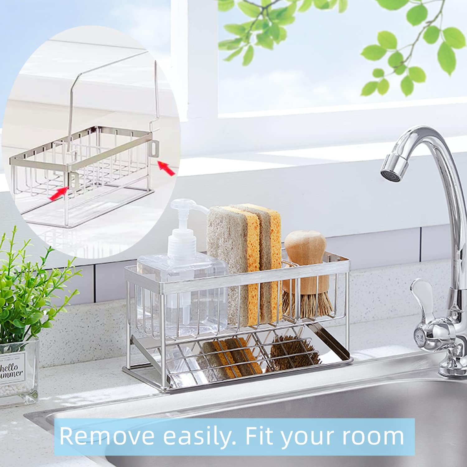 Soporte de esponja para fregadero de cocina, organizador de acero inoxidable 304 dispensador de jabón de cocina con bandeja de drenaje automático,