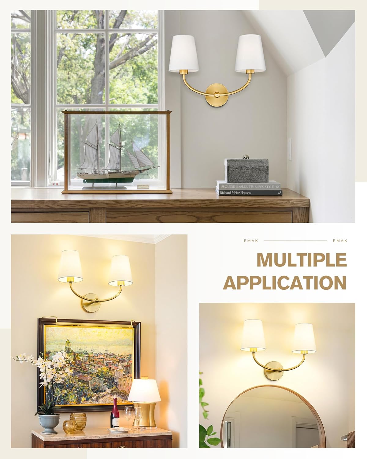 Emak VL116-GD-2 – Lámpara de baño de oro cepillado, modernos apliques de pared de 2 luces para baño, sala de estar, tocador de baño con pantalla de