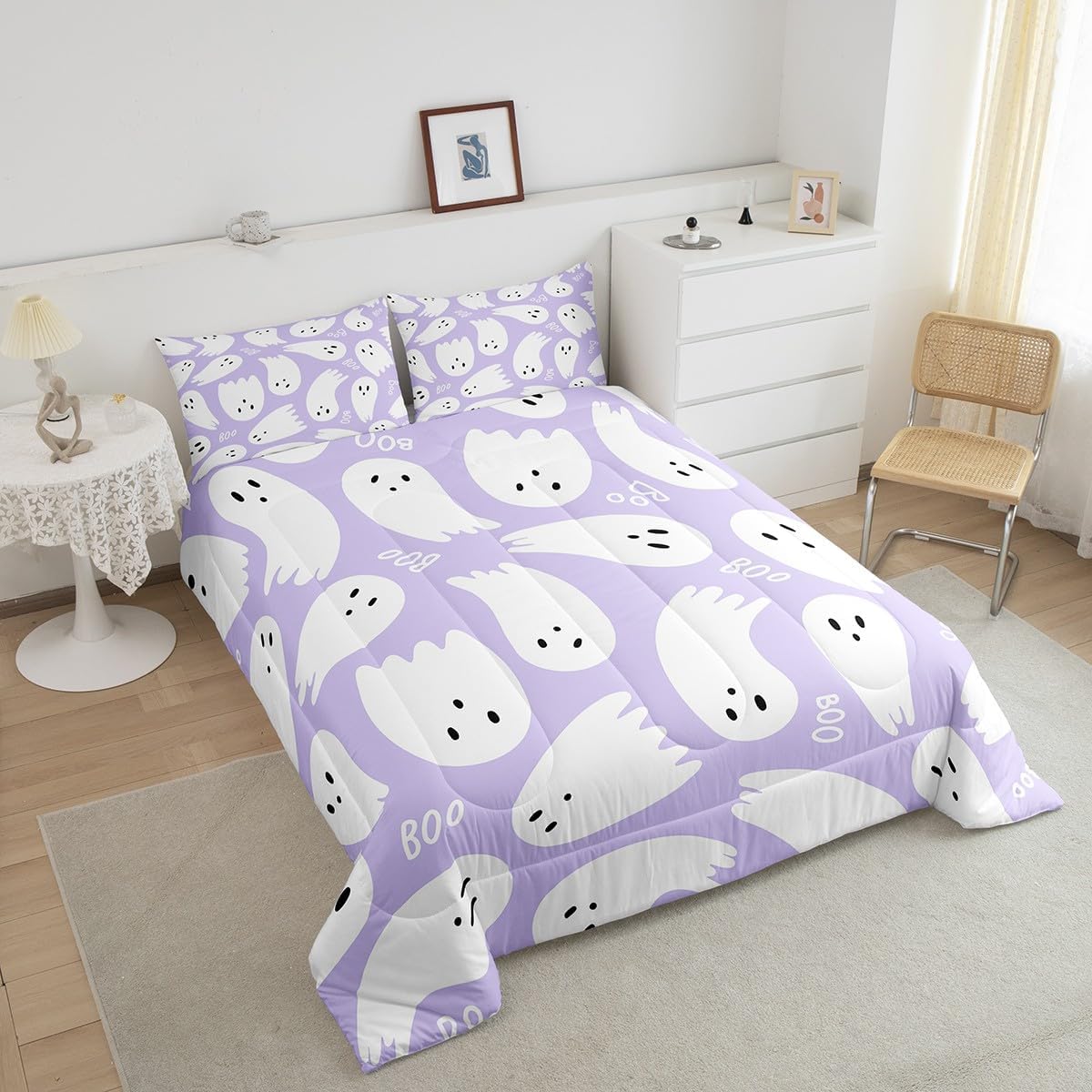 Juego de edredón para niños y niñas, estilo caricatura, color morado, tamaño matrimonial, juego de edredón de fantasmas kawaii, decoración de