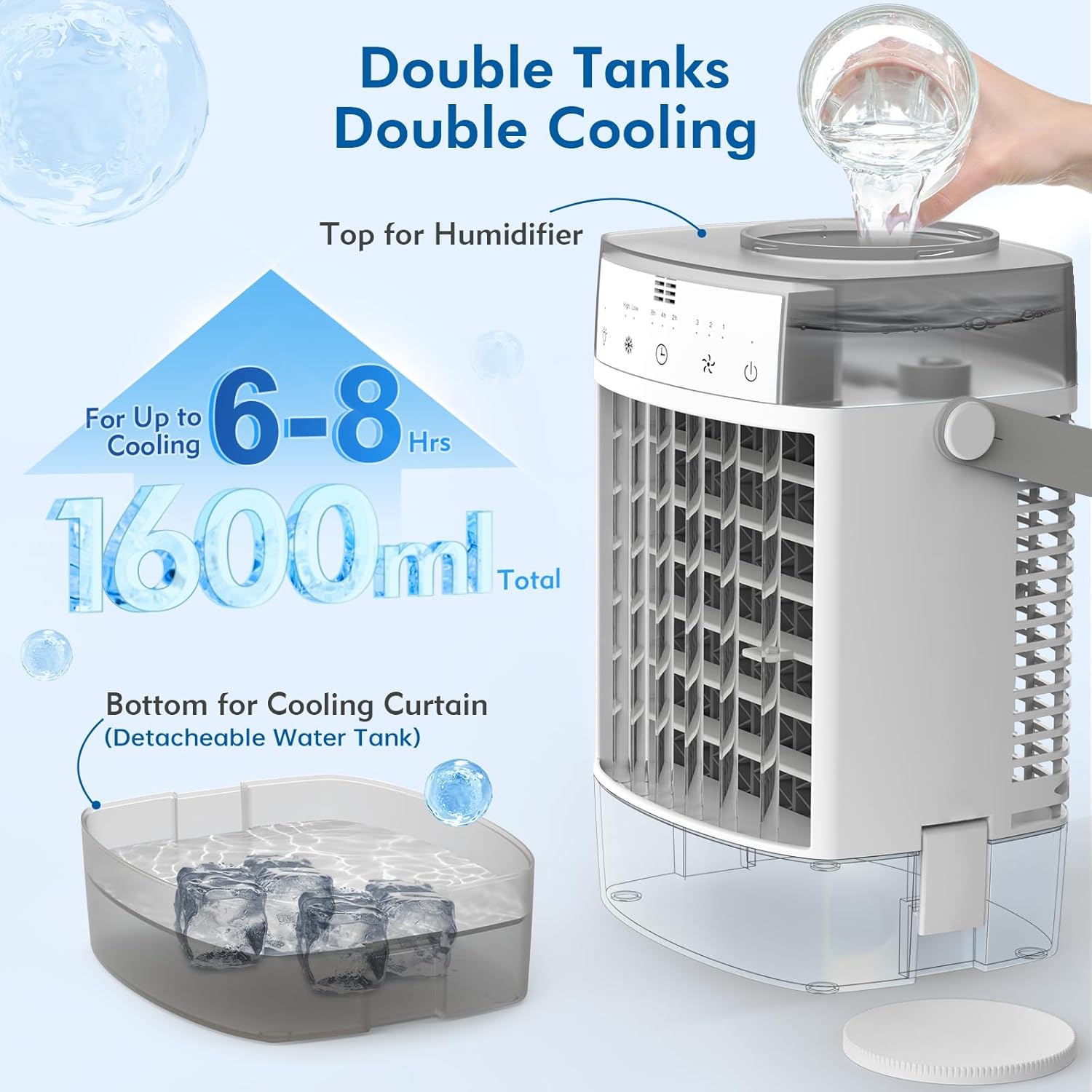 DUDIFFY Aire acondicionado portátil, unidad de CA portátil 4 en 1 con control remoto, enfriador de aire evaporativo de doble tanque de 54.1 fl oz, 7