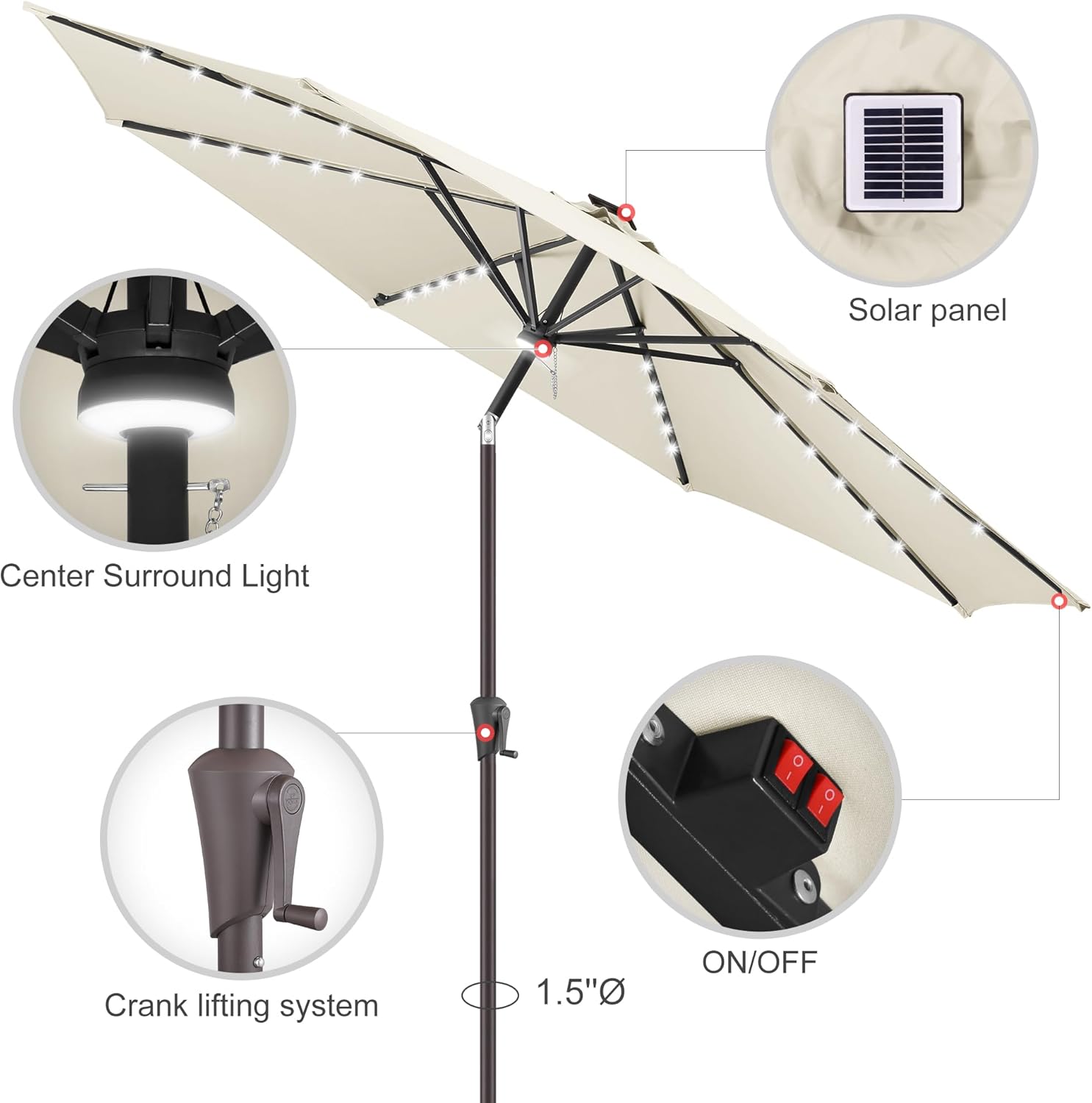 uHousDeco Sombrilla solar LED de 10 pies para patio y playa, impermeable y resistente al óxido, poste de acero marfil