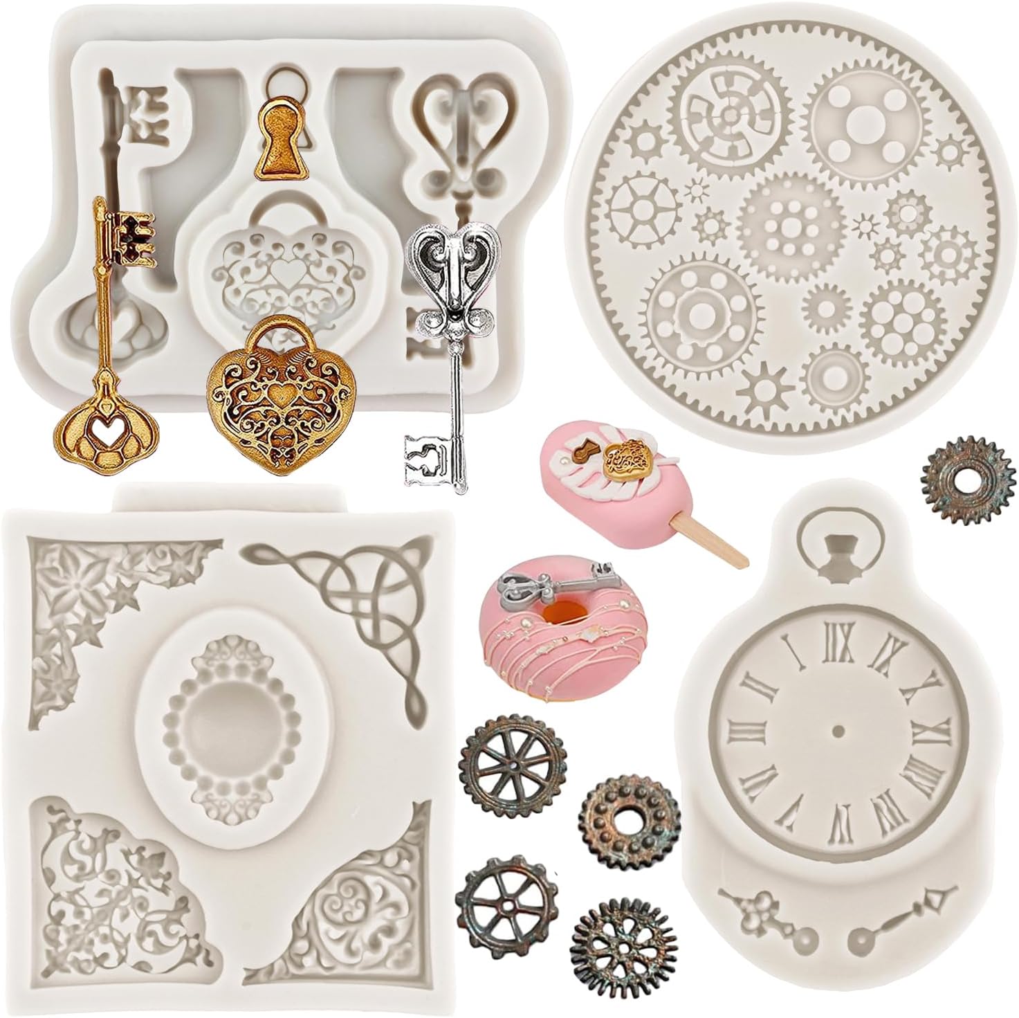 Moldes vintage para fondant, reloj de engranaje steampunk, molde de silicona para gemas barrocas para decoración de cupcakes, decoración de