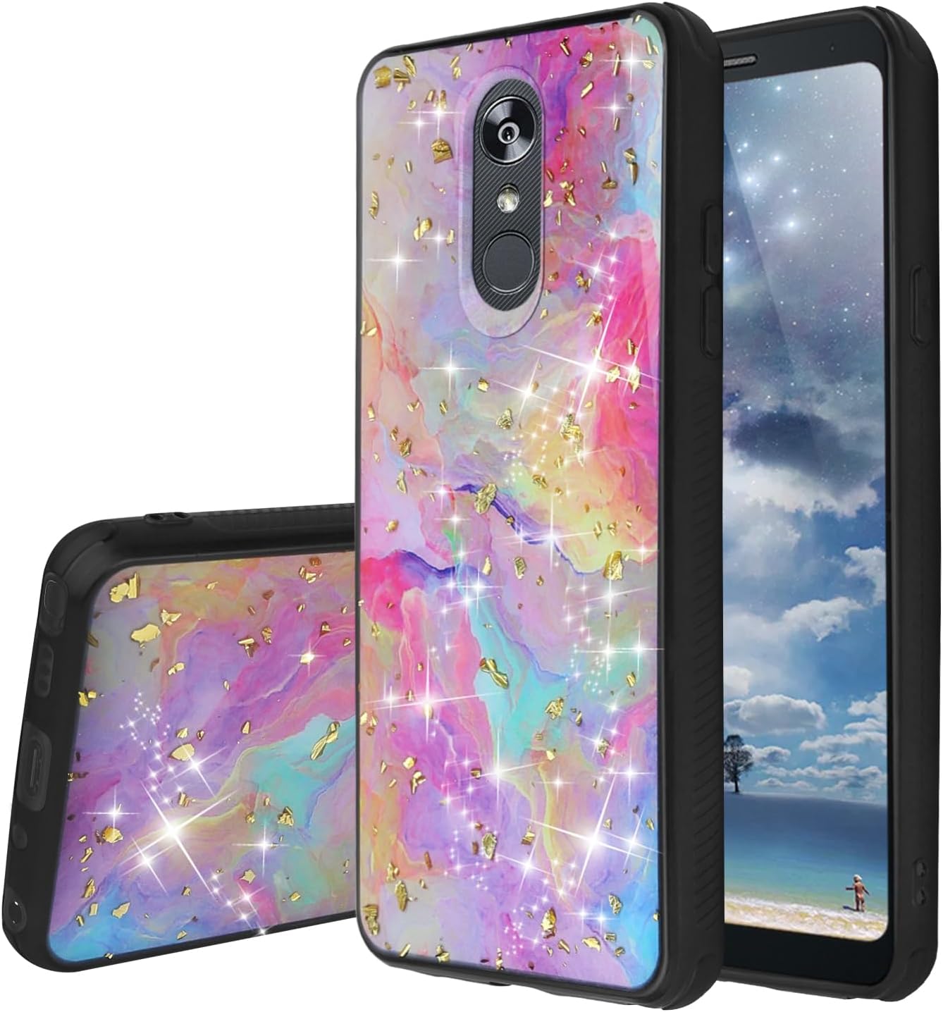 TJS Funda de teléfono celular para LG Stylo 55 Plus5V5X, arco iris, brillante, piel trasera, cuerpo completo, TPU suave parachoques