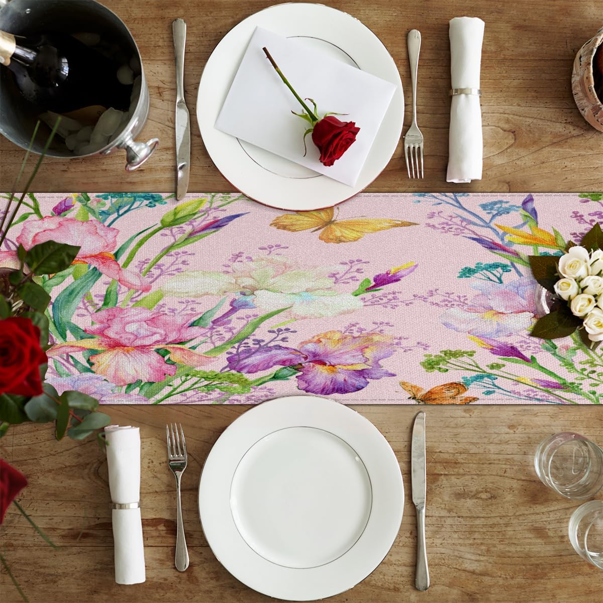 Camino de mesa de flores coloridas mariposas, mantel de lino rústico para cocina de granja, cena, eventos, fiesta, decoración de mesa de vacaciones,