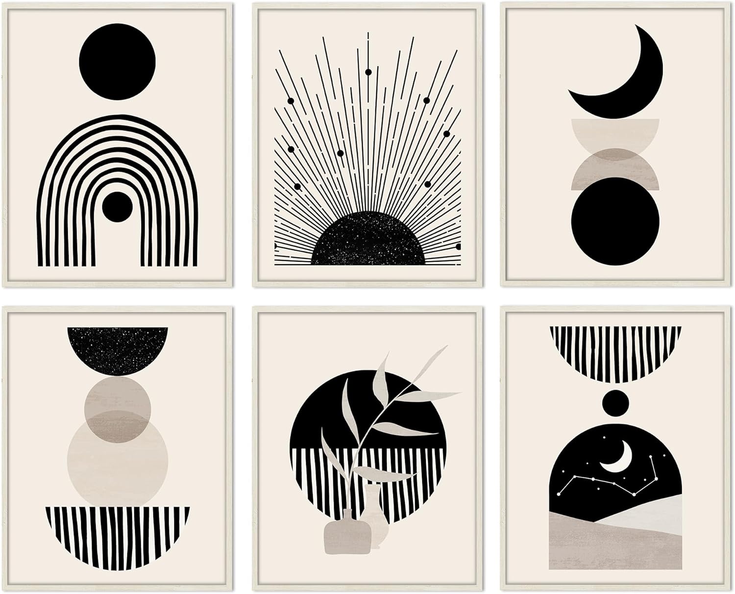 Arte bohemio para pared, arte abstracto bohemio para pared, arte de pared negro y beige, línea de amanecer, arte en lienzo, impresiones modernas de