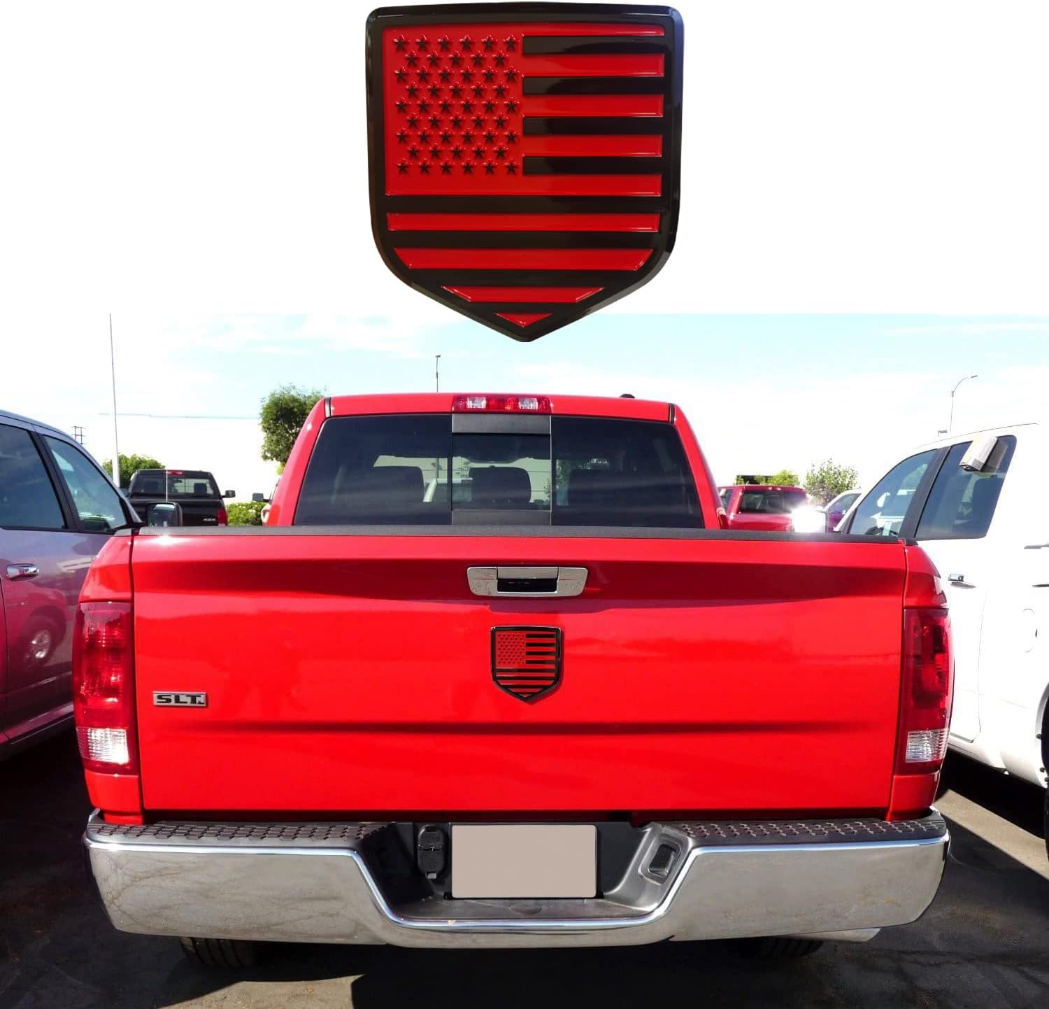 Zhizhong Emblema para portón trasero, insignia de la bandera estadounidense compatible con RAM 1500 2500 3500 2009-2018 (rojo)