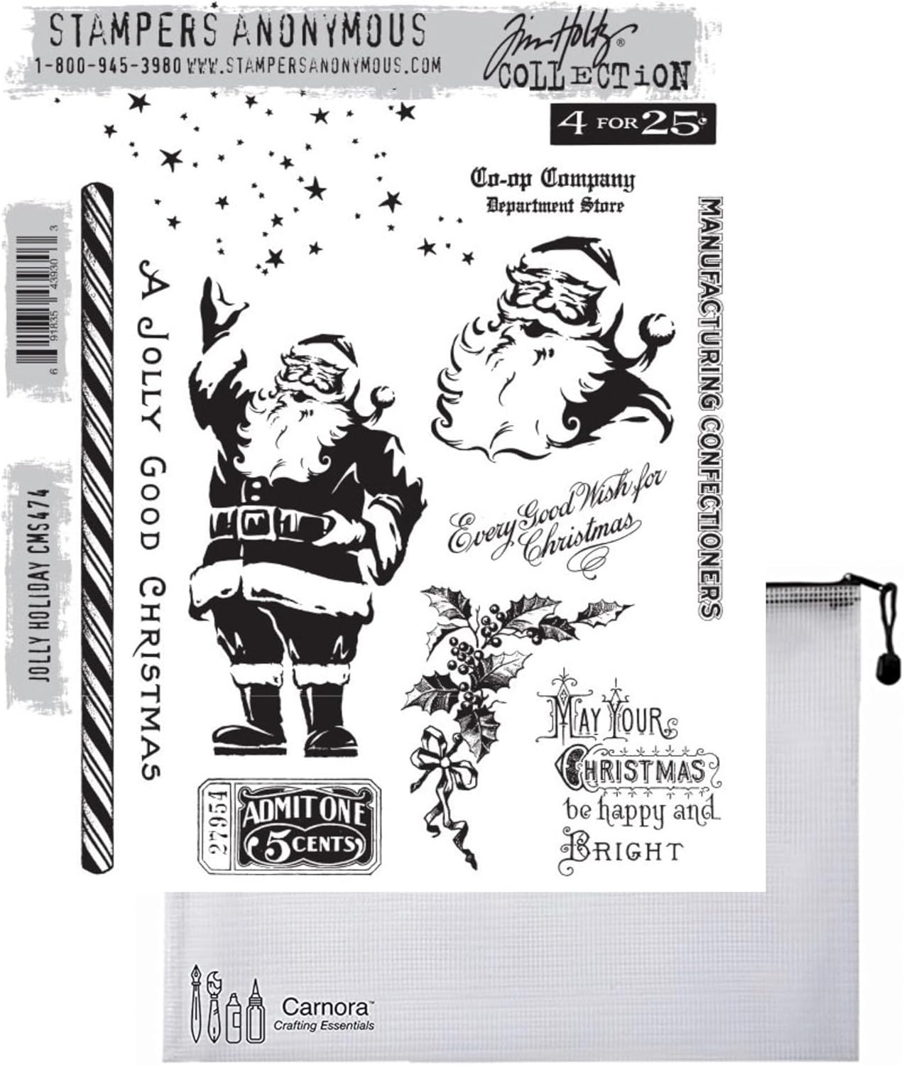 Tim Holtz Jolly Holiday – Juego de sellos adhesivos  Bolsa de almacenamiento de malla Carnora, lanzamiento de septiembre de 2023 (CAR2CMS474)