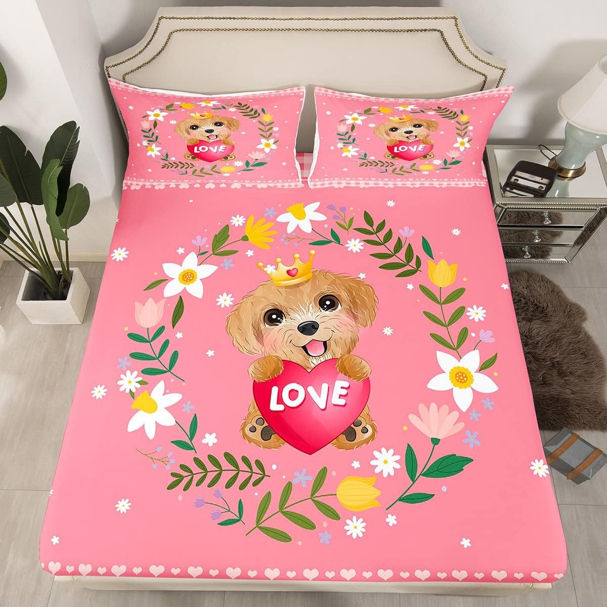Erosebridal Juego de sábanas de tamaño individual para niños y perros, juego de sábanas con estampado de amor de dibujos animados, diseño de