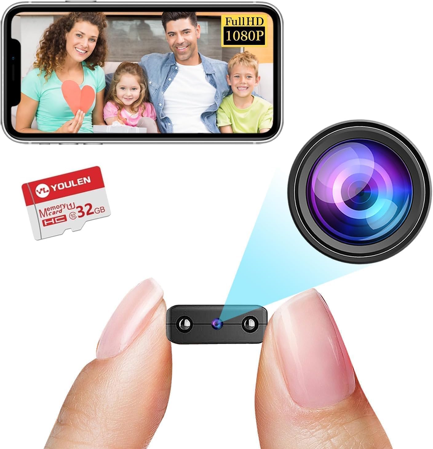 32G gratis cámara WiFi inalámbrica más pequeña, mini cámara espía HD1080P, cámara pequeña para monitor de bebé, cámara de niñera con visión