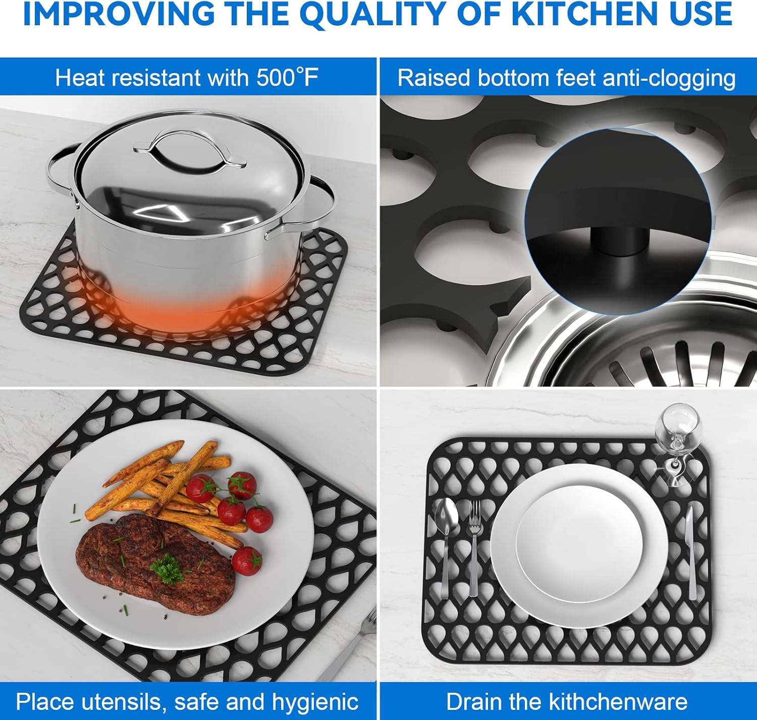Tapete de silicona para fregadero, 2 unidades, protectores de fregadero para fregadero de cocina, rejilla antideslizante plegable para parte
