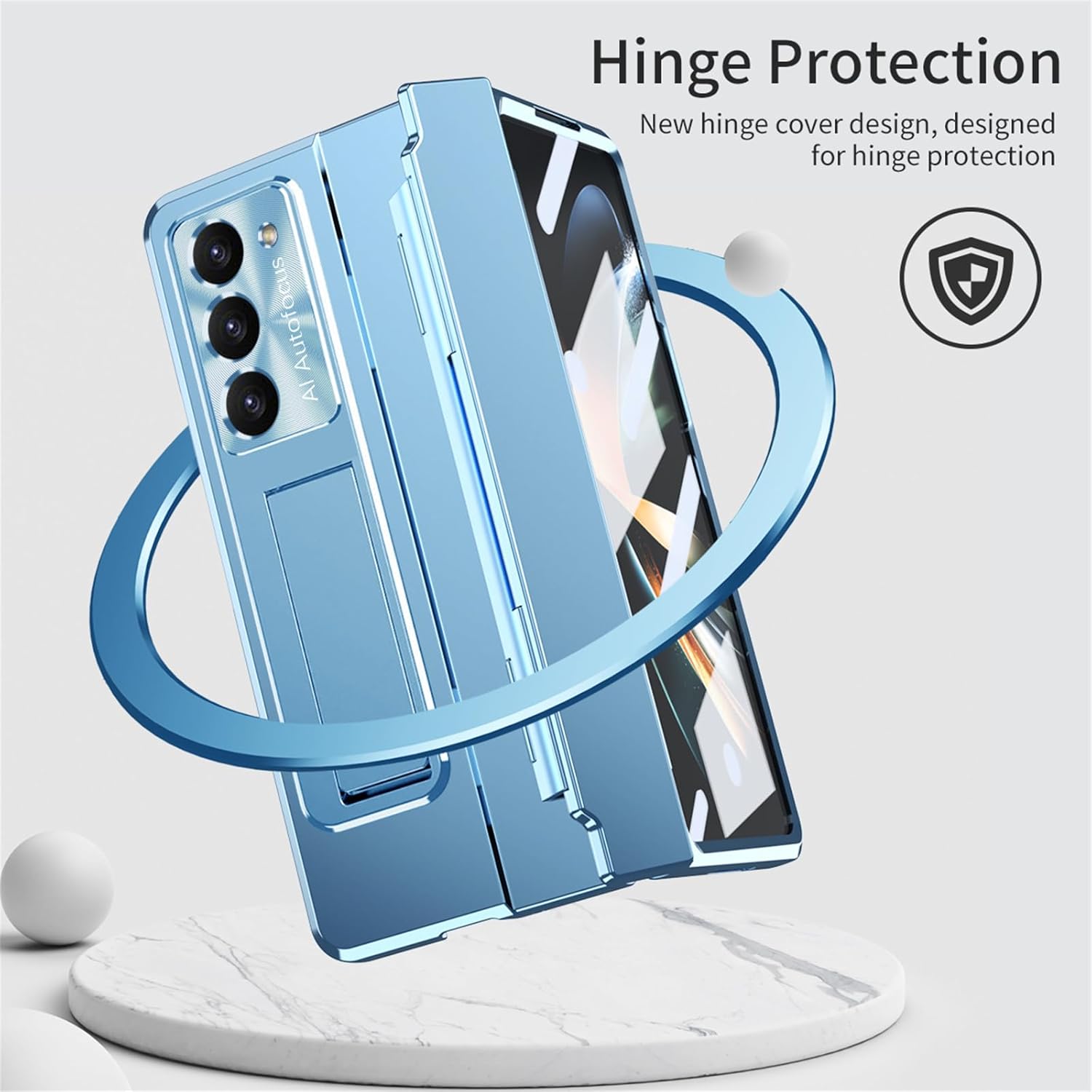 Funda para Samsung Galaxy Z Fold 5 2023, carcasa de una pieza Z Fold5 con función atril y protector de pantalla, protección completa (azul)