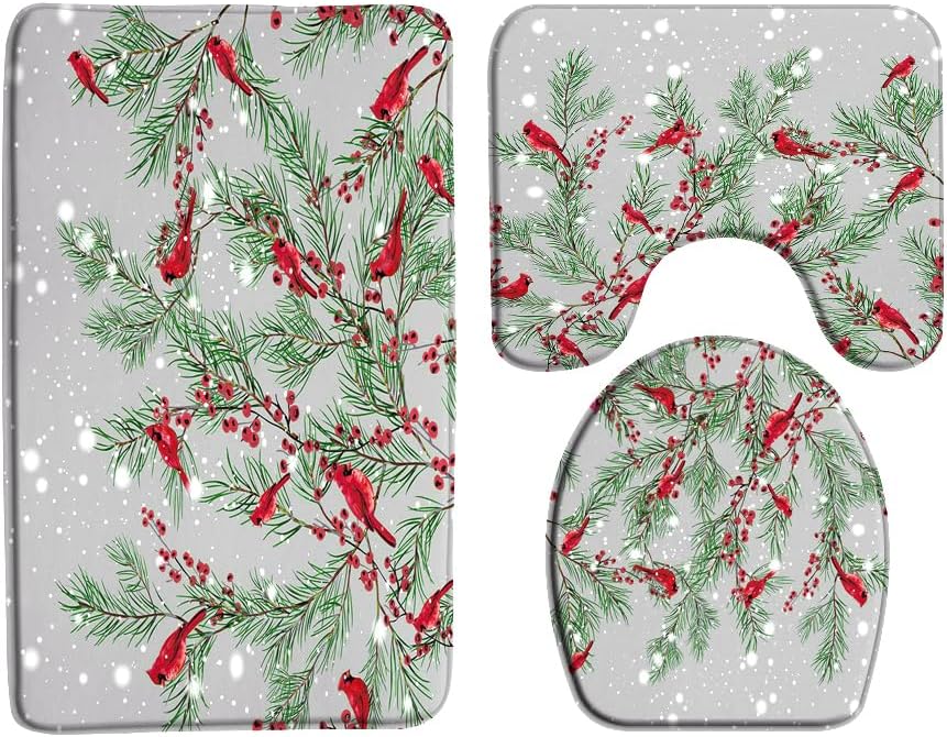 Juego de 3 alfombrillas de baño de pájaros rojos de Navidad, diseño de árbol de pino de Navidad, copos de nieve, rústico, invierno, vacaciones,
