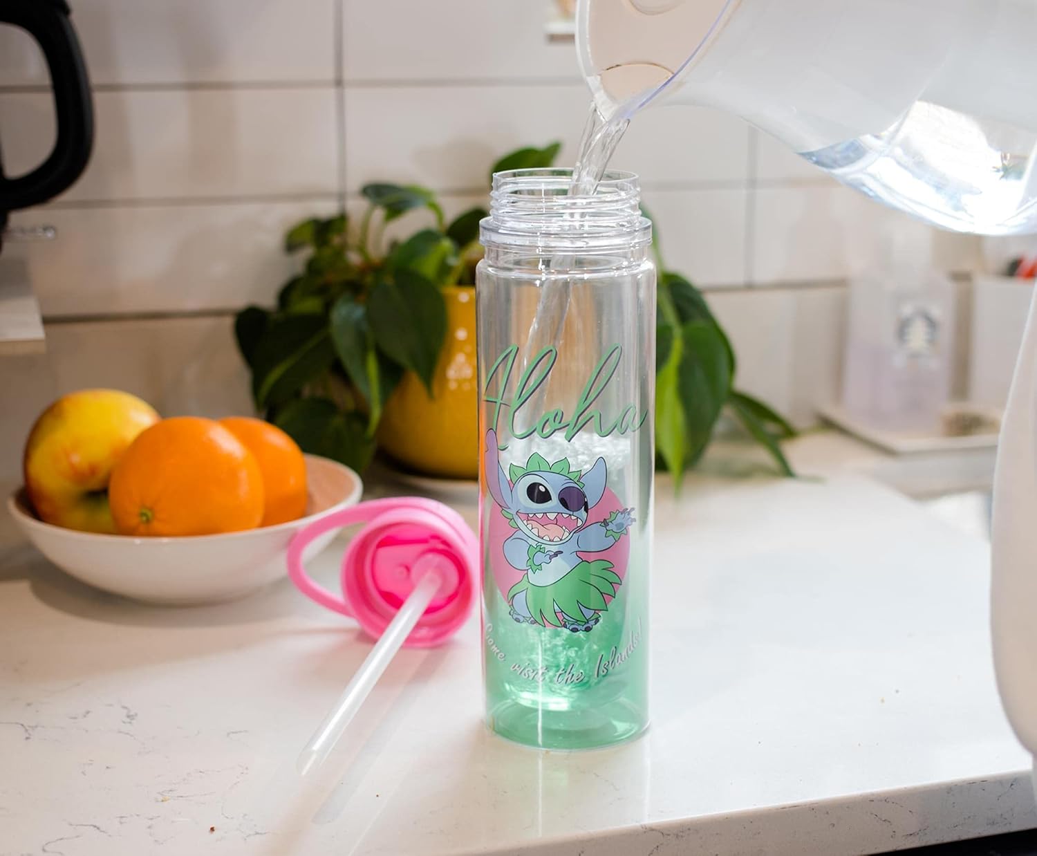 Silver Buffalo Lilo and Stitch Aloha – Botella de agua Tritan de doble pared  Botella de plástico sin BPA con tapa de rosca y tapa abatible con