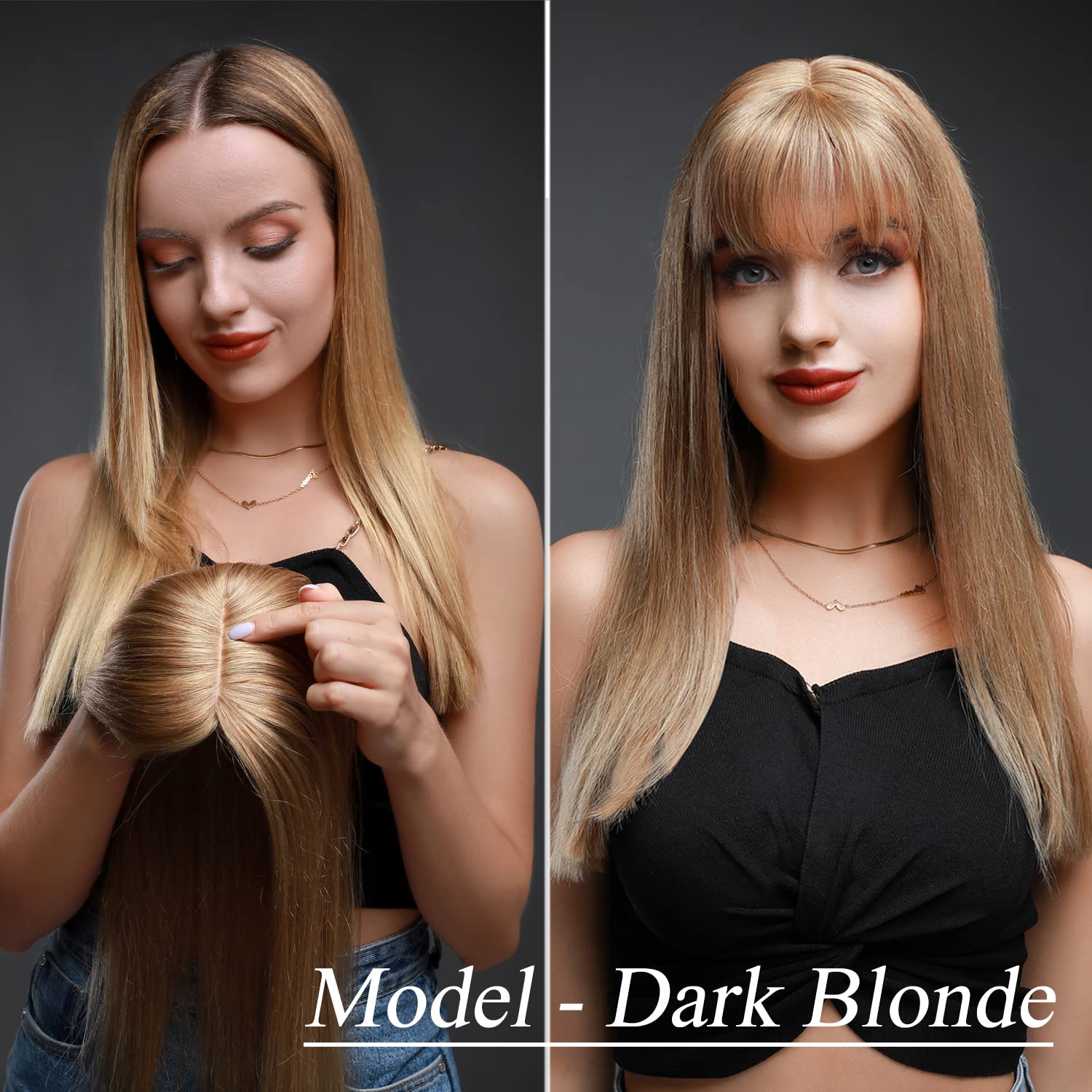 MY-LADY Toppers de cabello humano para mujer, cabello humano real para cabello fino, 2.8 x 5.1 in, base de seda, postizo con flequillo, densidad del