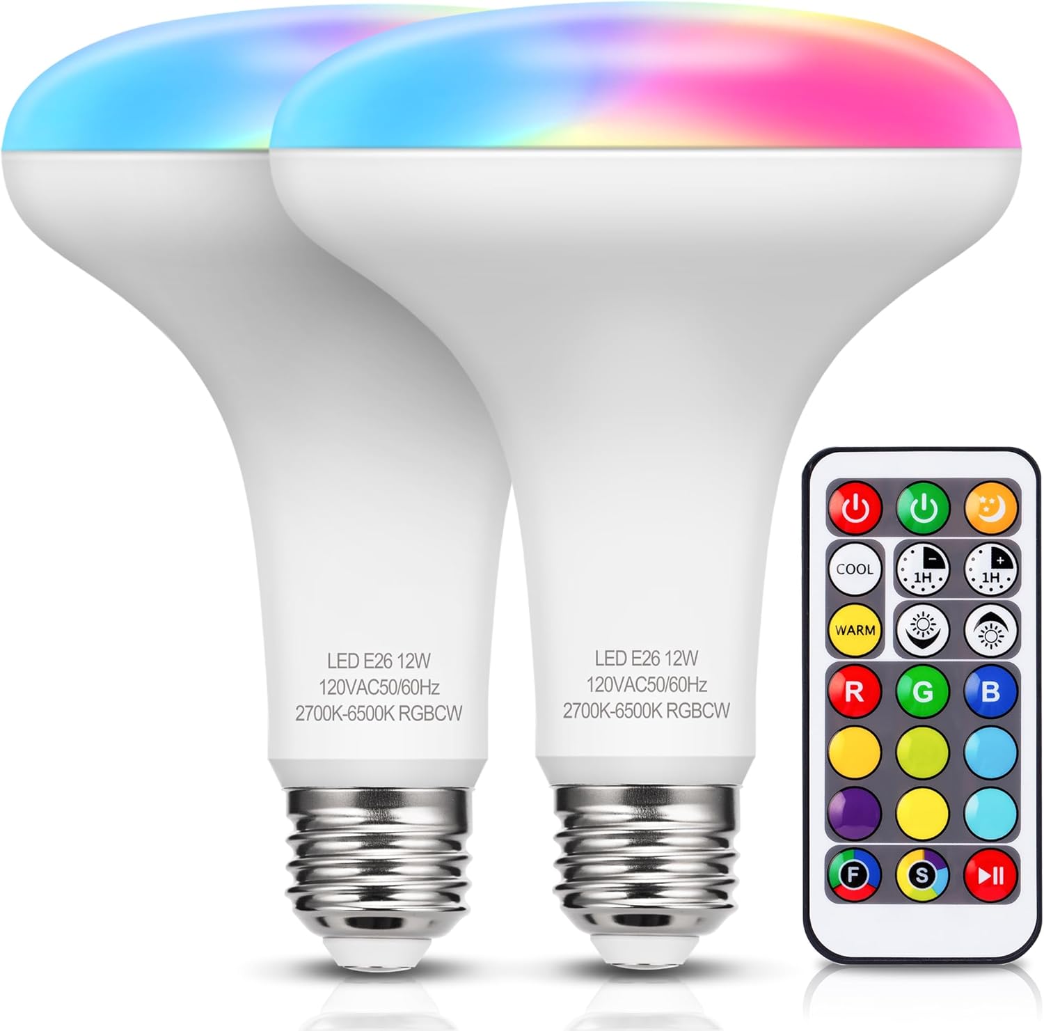 JandCase BR30 Bombilla de luz que cambia de color, RGB+luces LED blancas cálidas y frías, 12 W (equivalente a 100 W), 1050 lm, control remoto,
