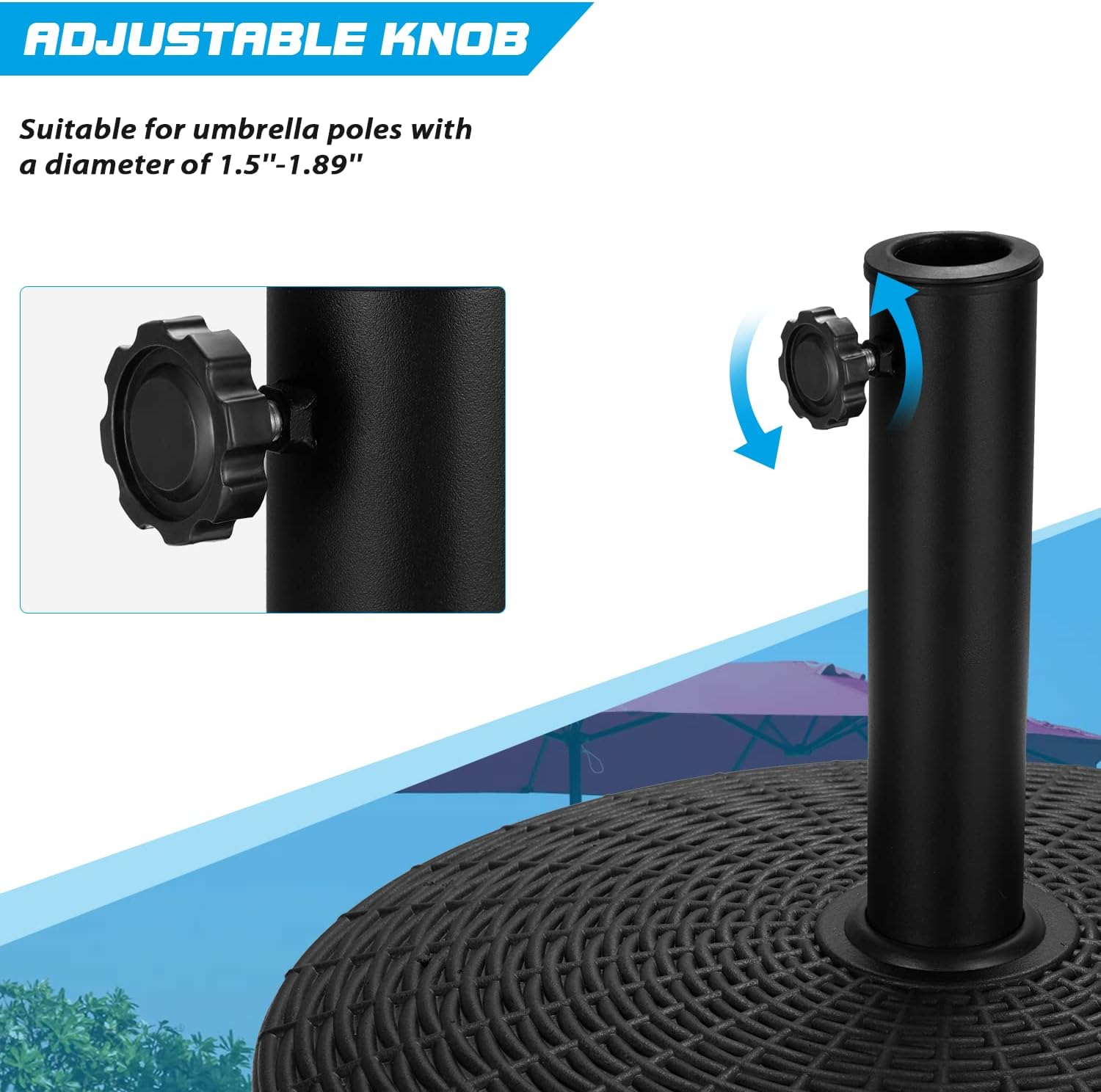 EROMMY Base de sombrilla de 52 libras, soporte de paraguas con ruedas frenables, base de sombrilla de patio resistente para exteriores de 1.5 a 1.89