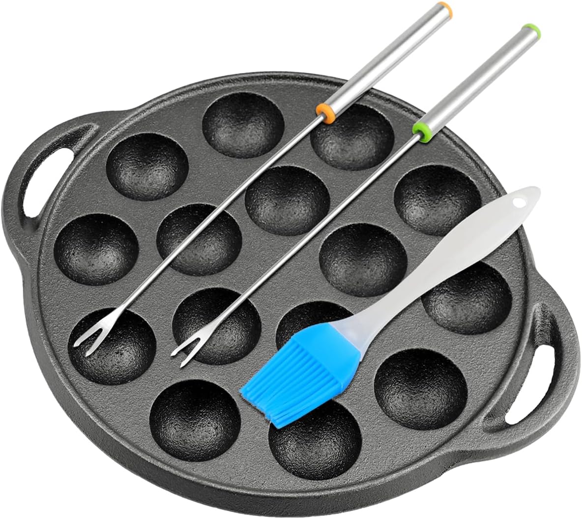 Escargot – Plato de hierro fundido para hongos Takoyaki con 15 agujeros de compartimento, máquina de bolas de pulpo con tenedores y cepillo para