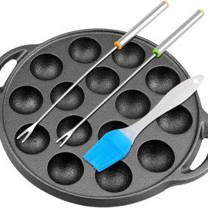 Escargot – Plato de hierro fundido para hongos Takoyaki con 15 agujeros de compartimento, máquina de bolas de pulpo con tenedores y cepillo para Escargot – Plato de hierro fundido para hongos Takoyaki con 15 agujeros de compartimento, máquina de bolas de pulpo con tenedores y cepillo para