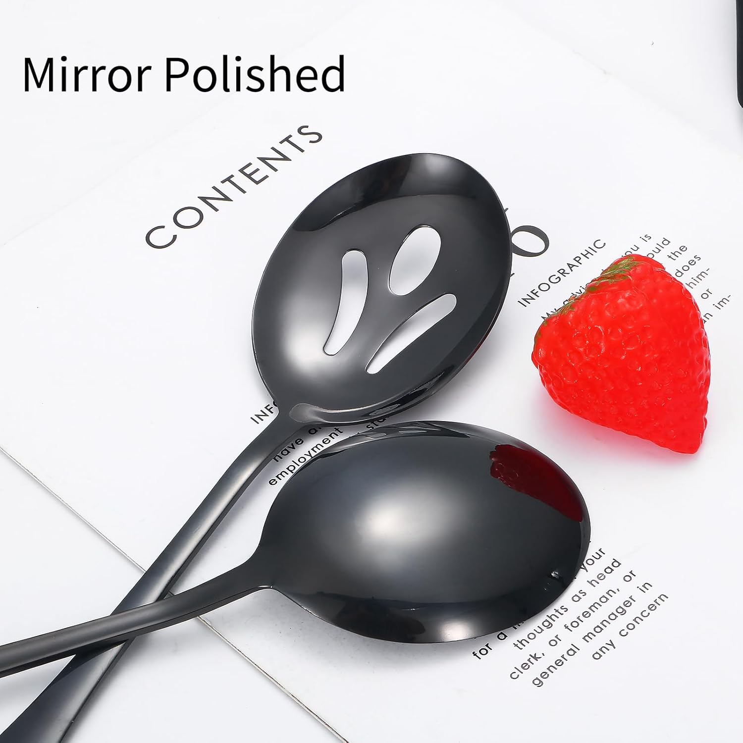 Utensilios negros para servir, juego de 8 utensilios de acero inoxidable para servir, incluye cucharas de servir, tenedor de servir, cucharón de