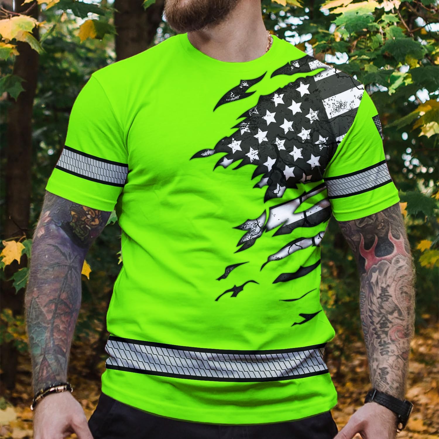 HiVis Custom Camisa de alta visibilidad de calavera con bandera de Estados Unidos para hombres, camisas de seguridad con nombre personalizado, ropa