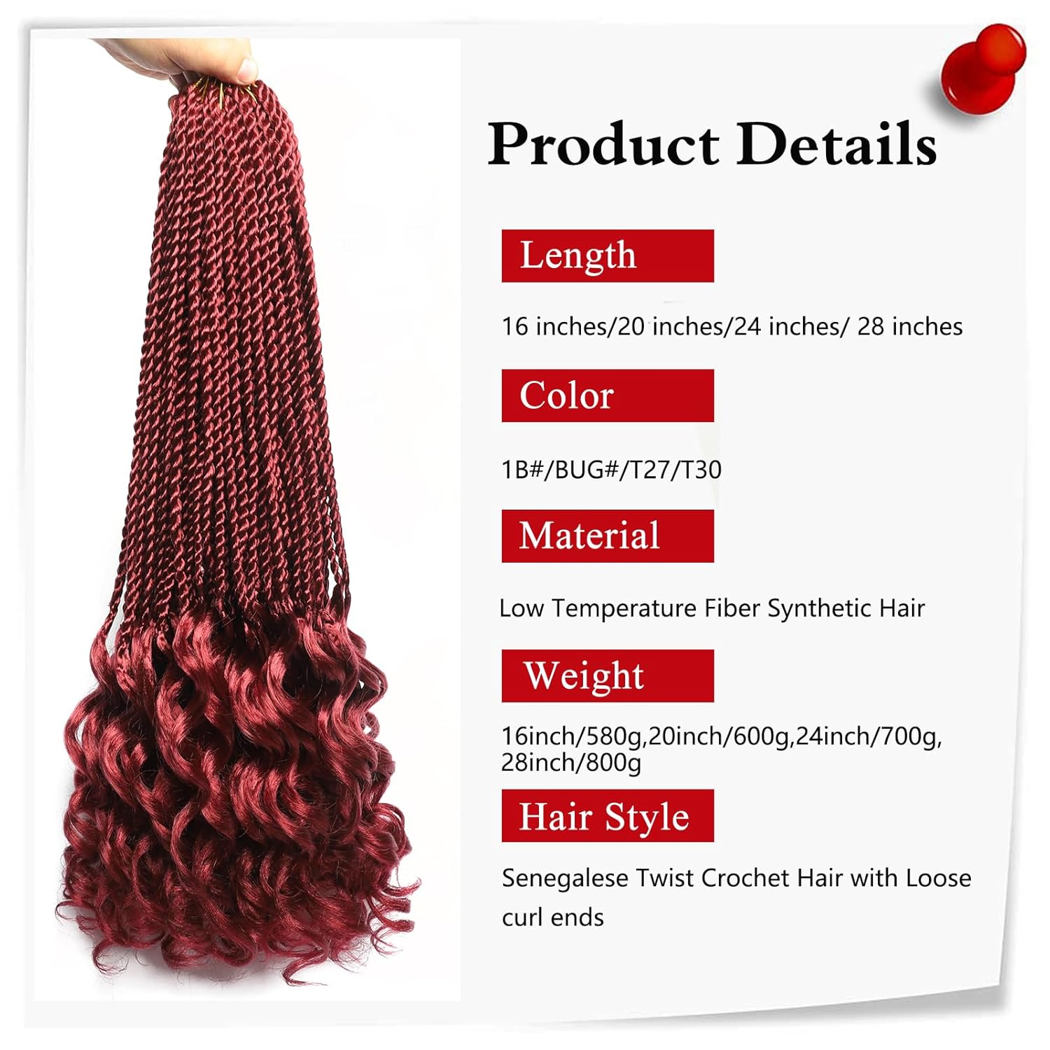 Cabello senegalés de ganchillo de 24 pulgadas, 9 paquetes de rizos franceses torcidos burdeos, 108 hebras, trenzas de ganchillo, extensiones de