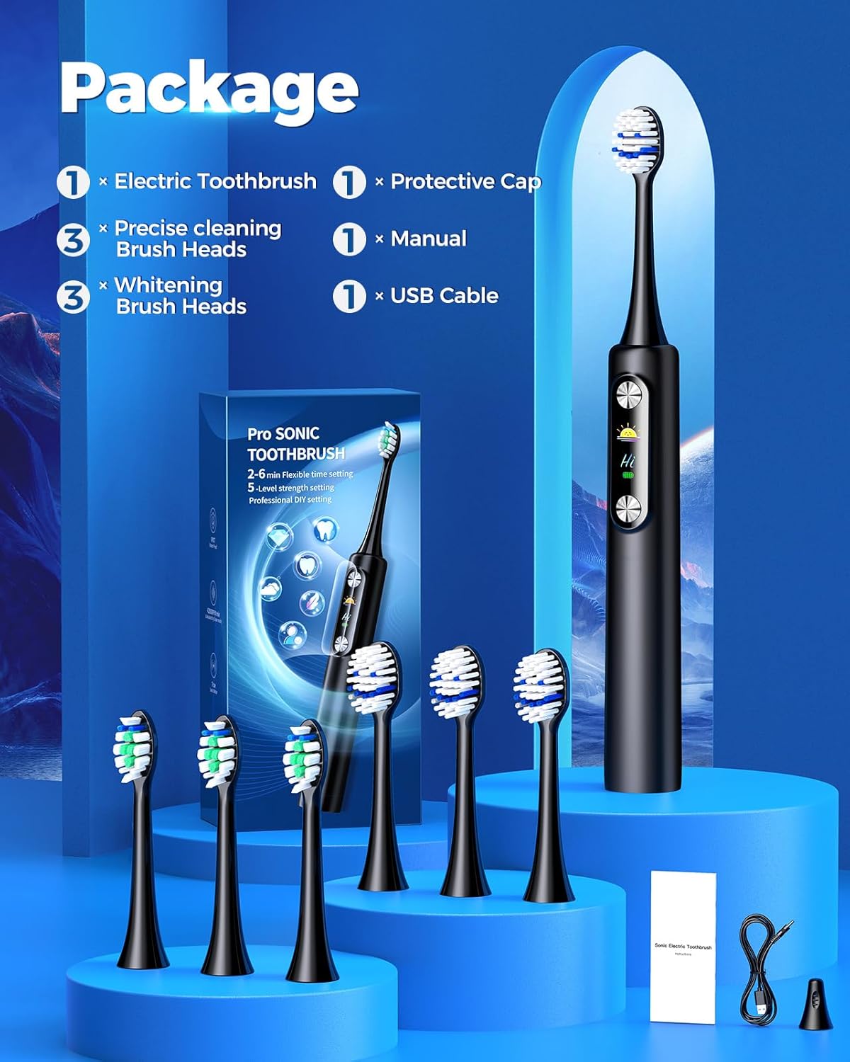 Cepillo de dientes eléctrico para adultos con 6 modos y 5 niveles de intensidad, cepillo de dientes sónico de 84000 rpm con cabezales de cepillado