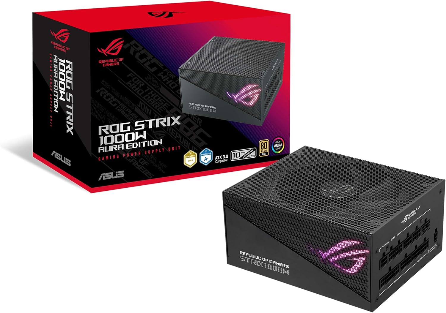 ASUS ROG Strix 1000W Gold Aura Edition (fuente de alimentación totalmente modular, certificado Gold 80+, ATX 3.0, certificación Cybenetics Lambda