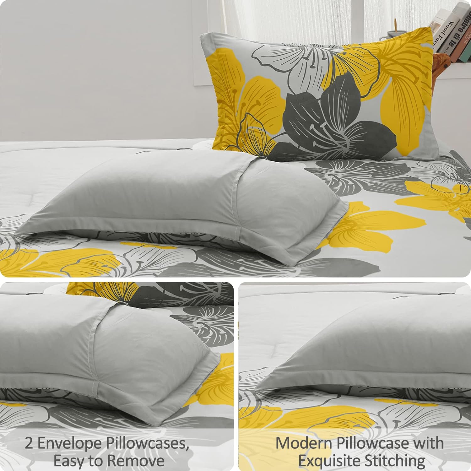 Juego de edredón tamaño California King, estampado floral amarillo en gris, juego de ropa de cama de microfibra suave bohemio para todas las