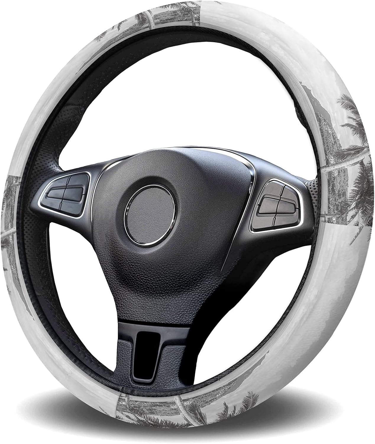 Car Steering Wheel Cover, Black White Palm Tree Elastic Stretch Sponge Steering Wheels Protective Cover for Vehicles Trucks SUVs Universal