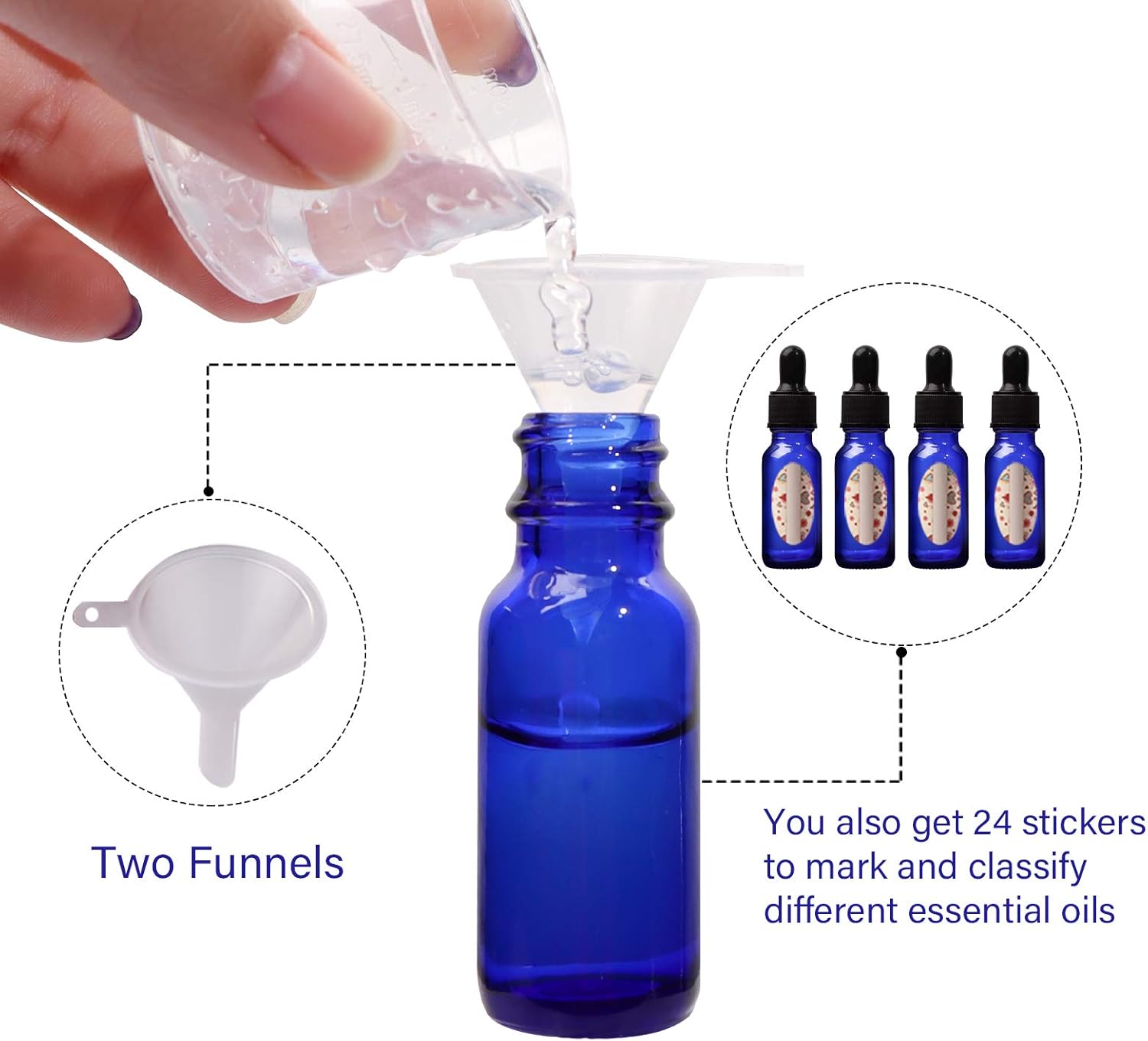 Paquete de 24 botellas de vidrio azul cobalto de 12 oz con cuentagotas de vidrio para aceites esenciales, perfumes y productos químicos de