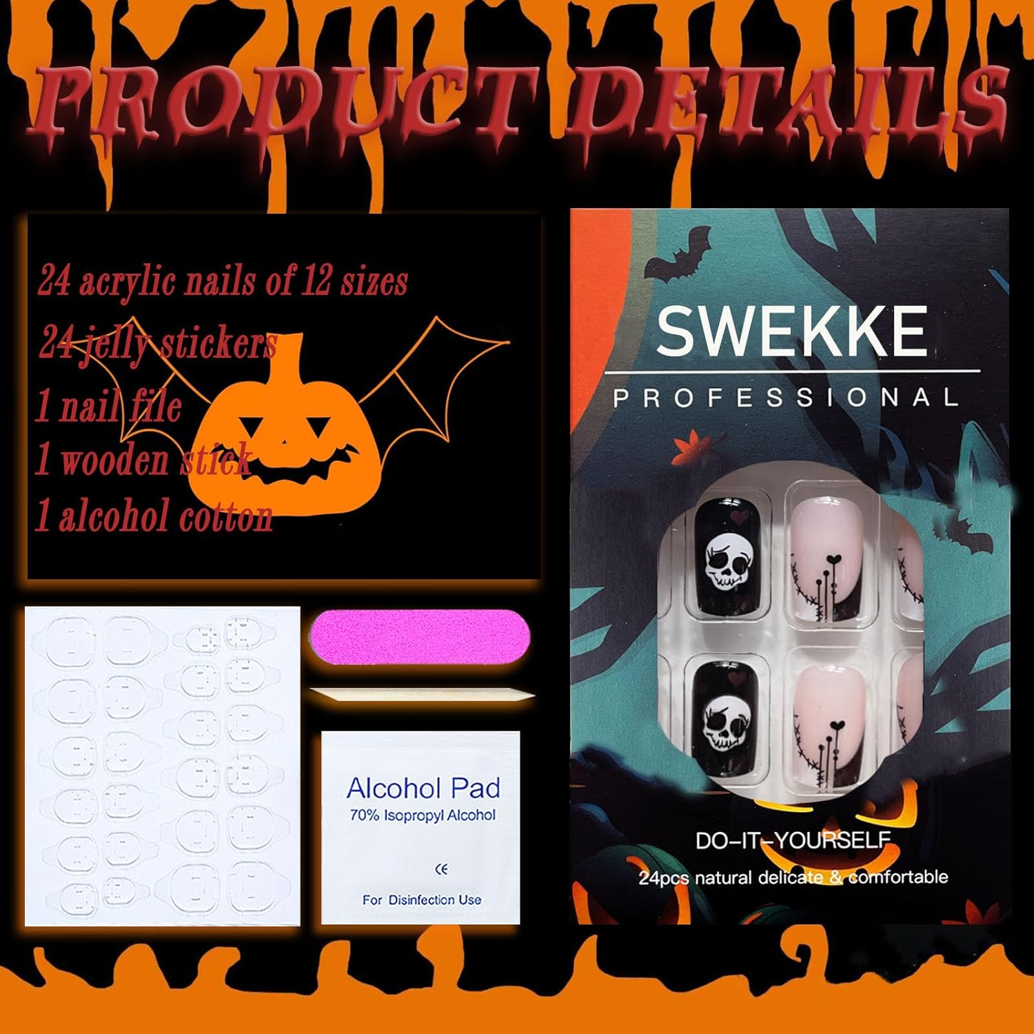 Uñas postizas a presión para Halloween, uñas postizas cuadradas cortas con punta francesa, color rosa, cobertura completa, calavera de azúcar,