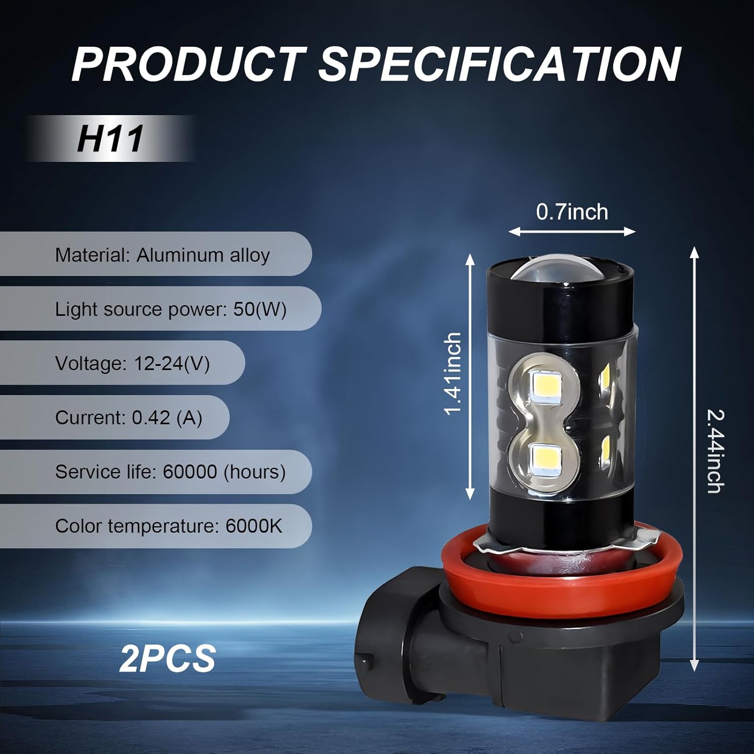 dawfall Pack-2 Car H11 LED High Power Fog Lamp, 10SMD 50W 6000K CREE Chip Super Bright Waterproof Anti-fog Front Lighting Bulb, Alloy Lamp Body