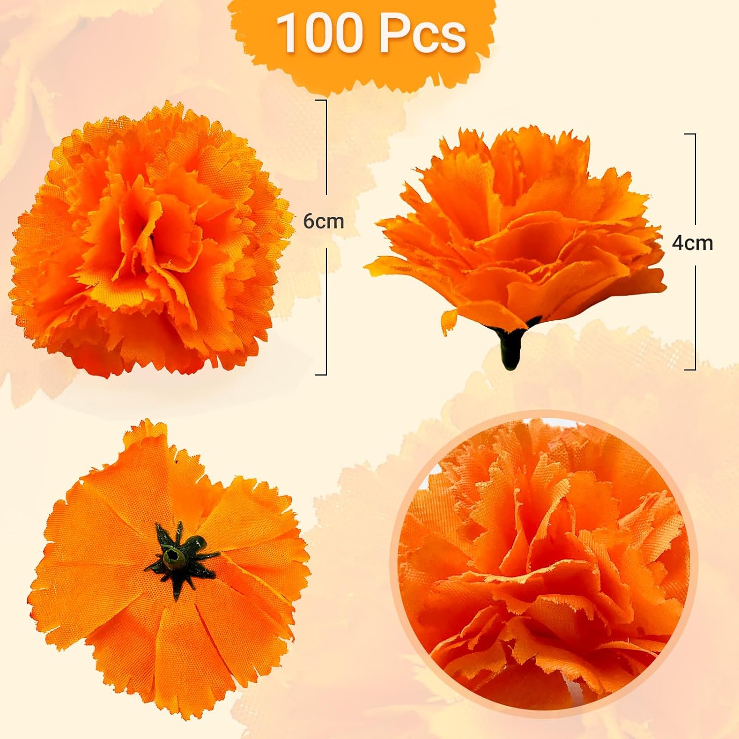 Cabezas de flores de caléndula a granel, 100 unidades, flores artificiales de seda para bricolaje para Diwali, festival indio, guirnalda de