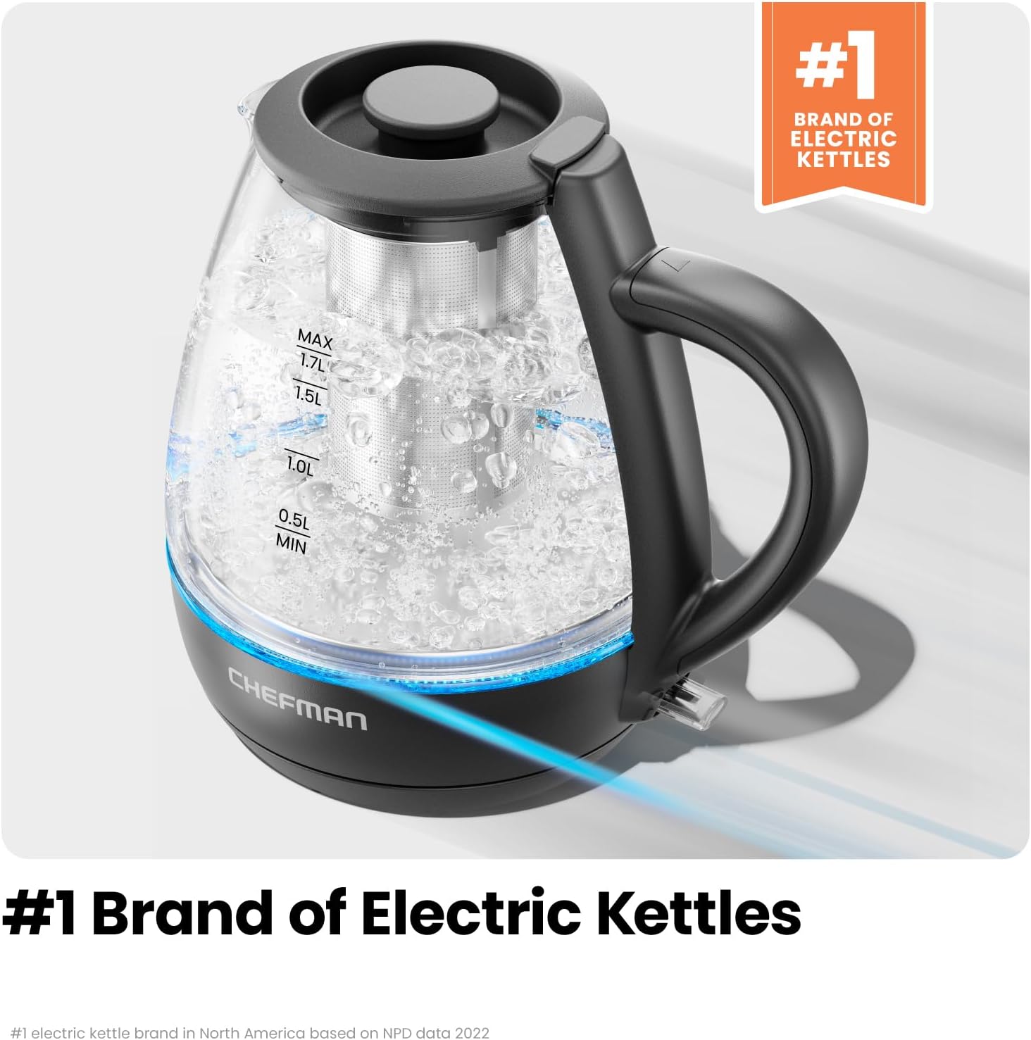 Chefman Hervidor eléctrico con infusor de té, 1.7L 1500W, tapa extraíble para una fácil limpieza, protección contra hervir en seco, filtro de acero