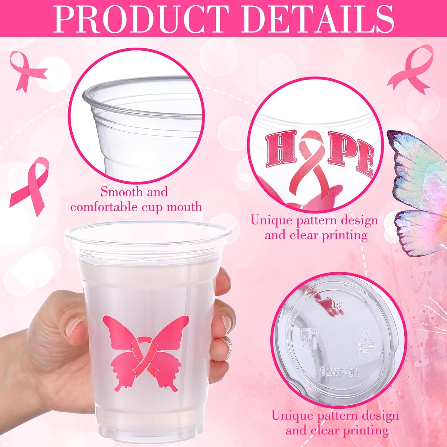 200 vasos de plástico para concientización del cáncer de mama, vasos desechables a granel, vasos de plástico transparente de cinta rosa, vasos de