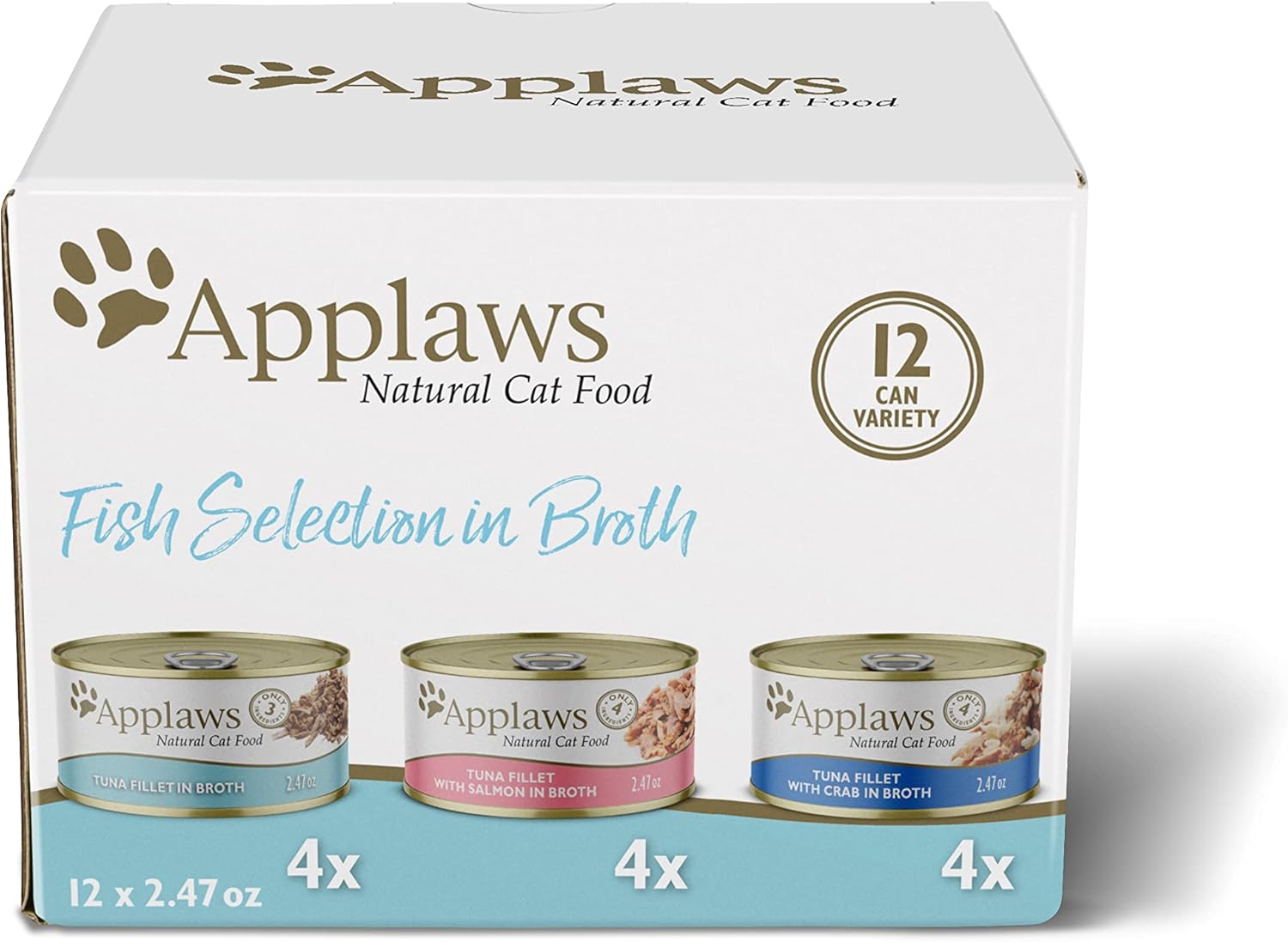 Applaws Wet Cat Food, 12 unidades, alimento húmedo enlatado de ingredientes limitados para gatos, variedad de pescado en caldo, latas de 2.47 onzas