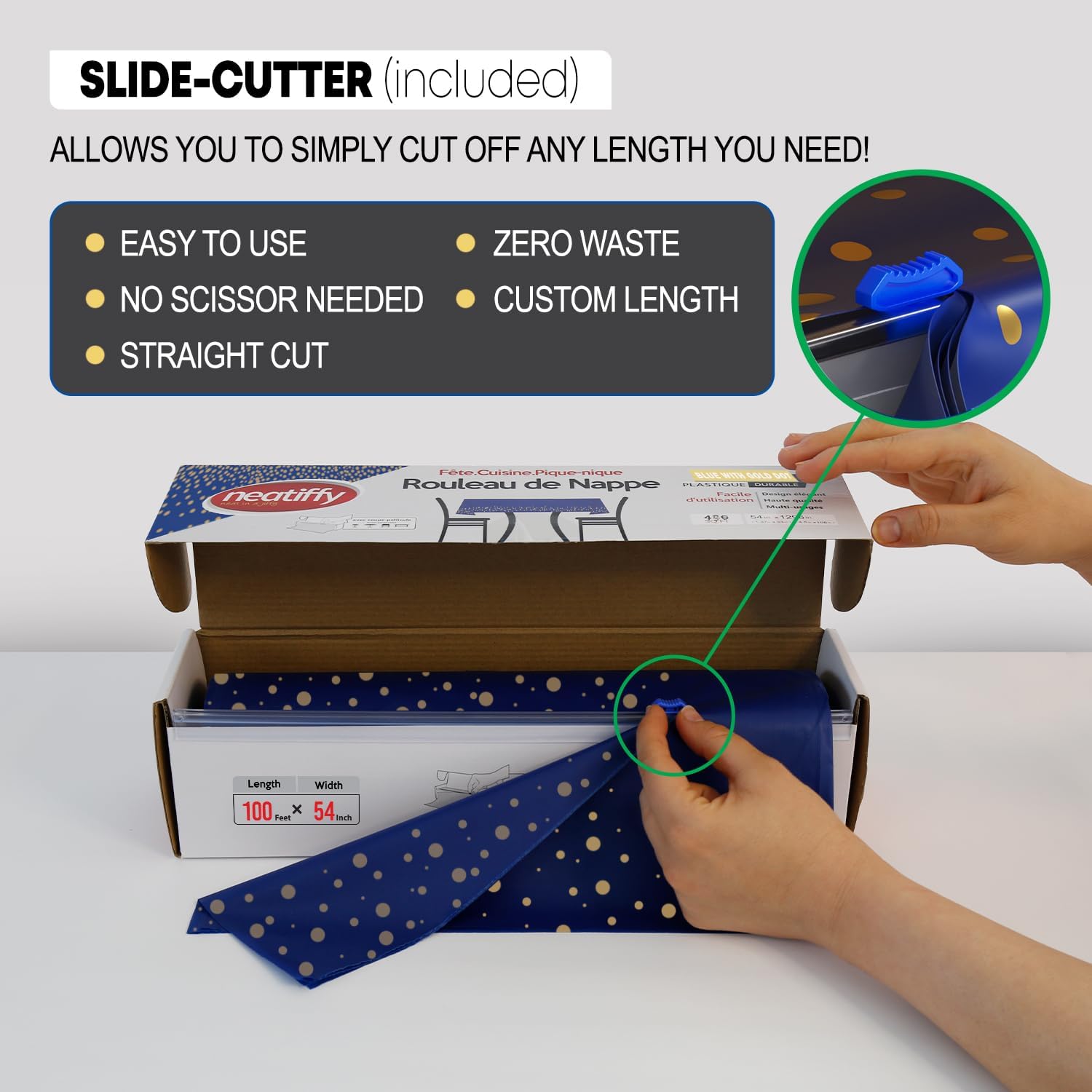 Neatiffy Rollo de mantel de plástico desechable con cortador deslizante  Cubierta impermeable para mesas de todo tipo y formas  picnic, fiesta,